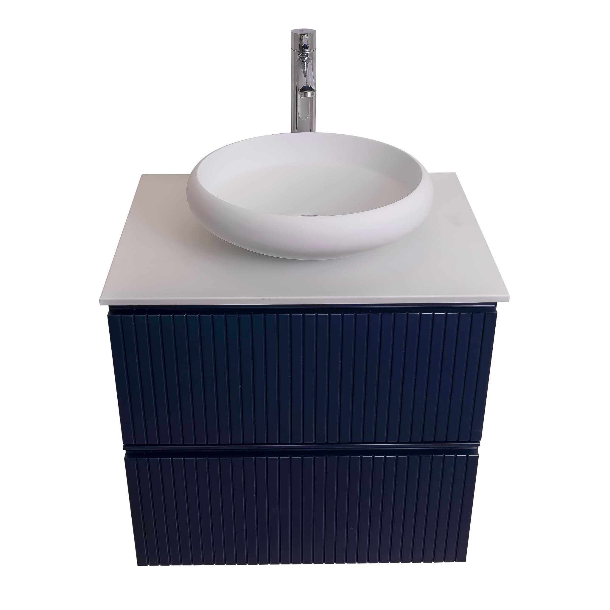 Ares 23.5 Matte Navy Blue Cabinet, Solid Surface Flat White Counter And Round Solid Surface White Basin 1153, Wall Mounted Modern Vanity Set