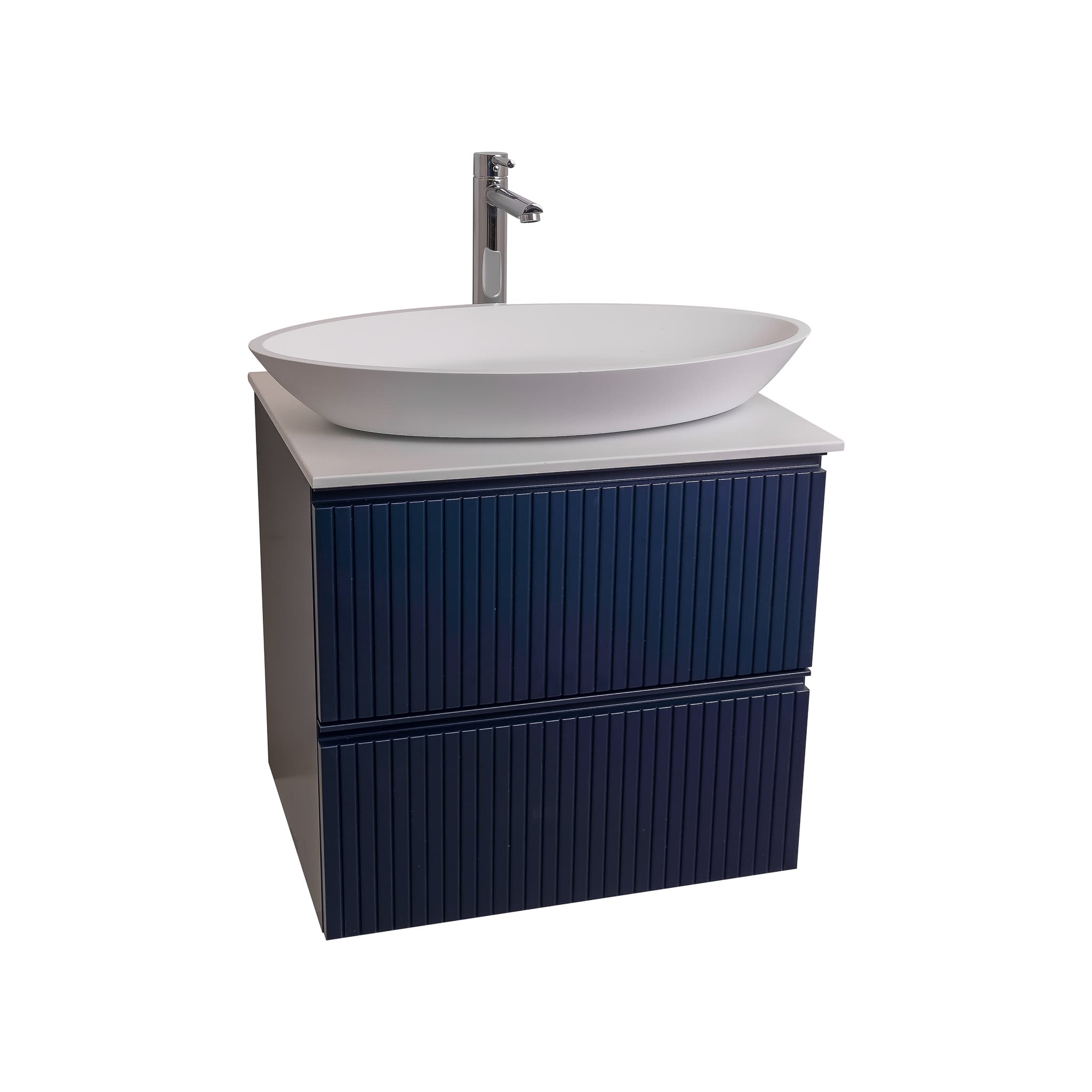 Ares 23.5 Matte Navy Blue Cabinet, Solid Surface Flat White Counter And Oval Solid Surface White Basin 1305, Wall Mounted Modern Vanity Set