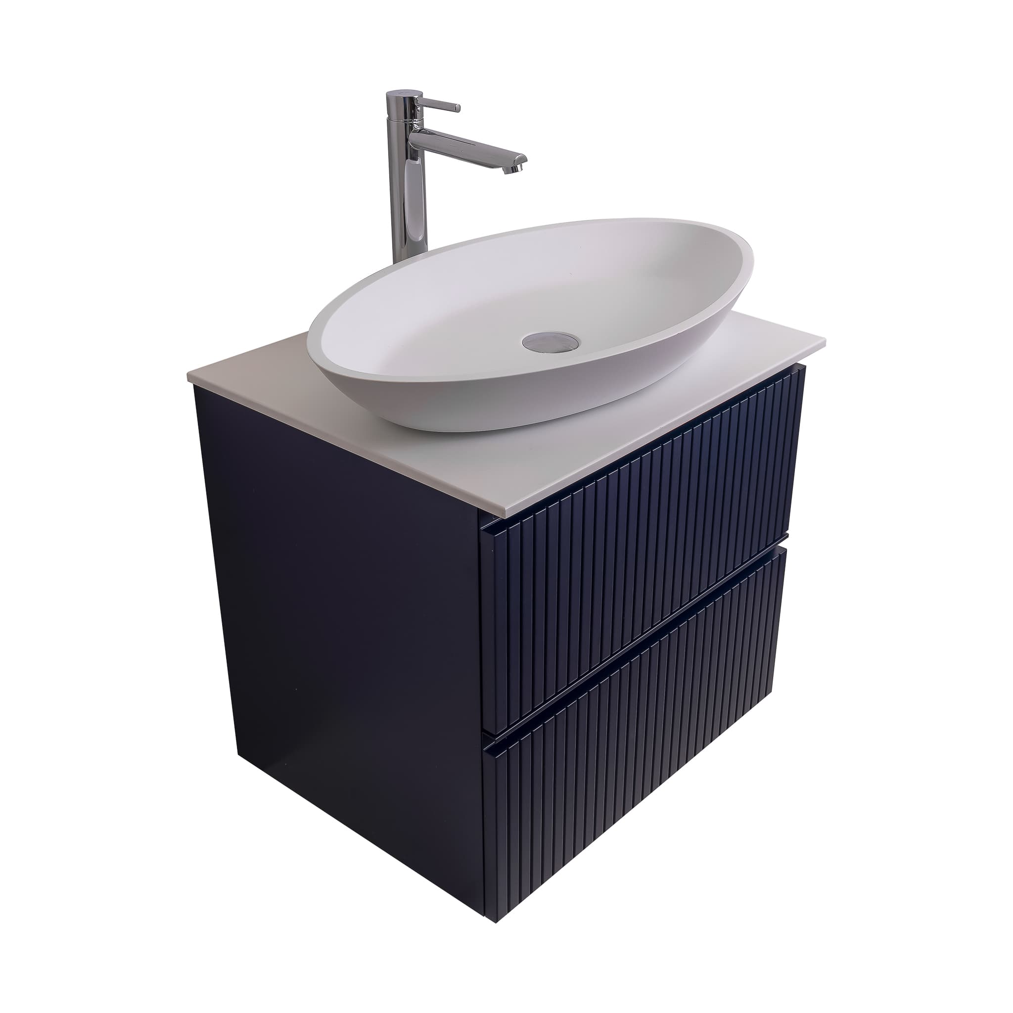 Ares 23.5 Matte Navy Blue Cabinet, Solid Surface Flat White Counter And Oval Solid Surface White Basin 1305, Wall Mounted Modern Vanity Set