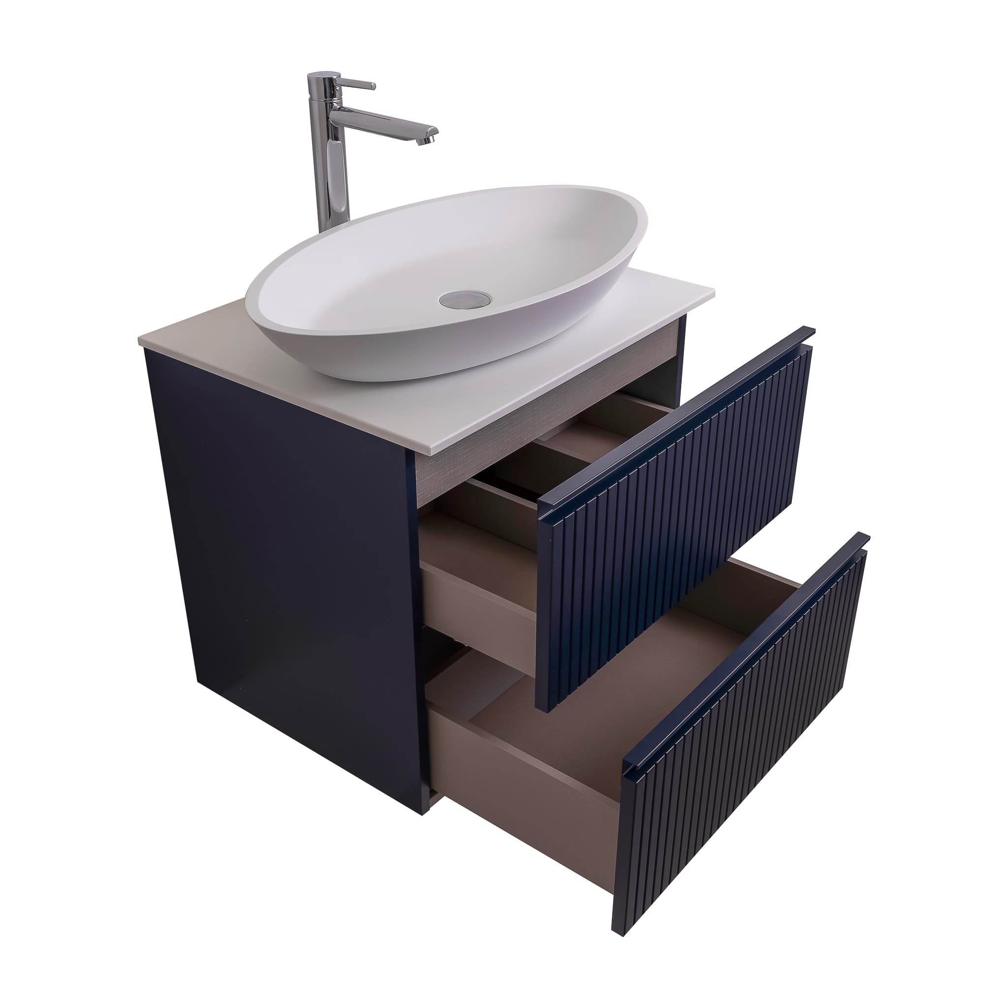 Ares 23.5 Matte Navy Blue Cabinet, Solid Surface Flat White Counter And Oval Solid Surface White Basin 1305, Wall Mounted Modern Vanity Set