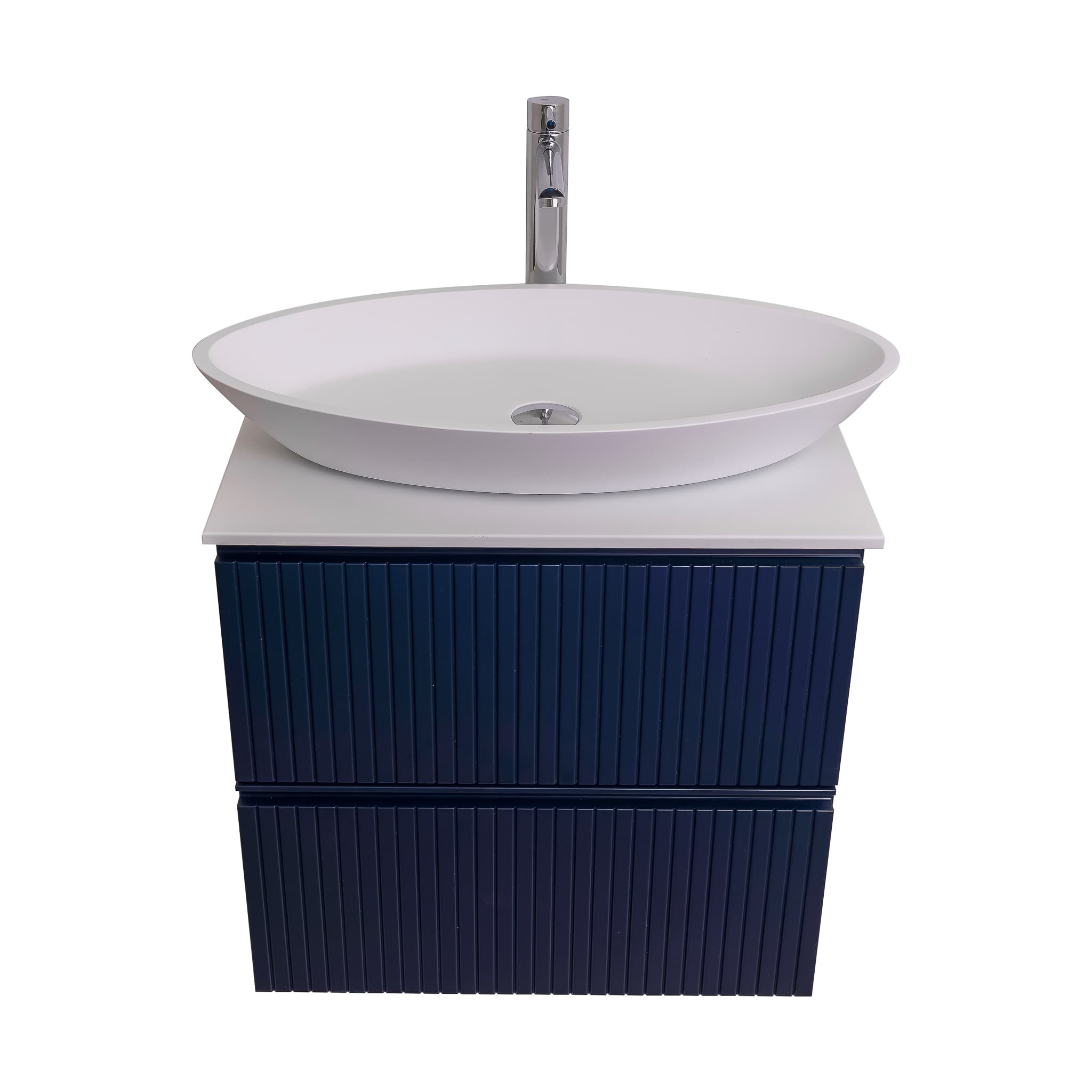 Ares 23.5 Matte Navy Blue Cabinet, Solid Surface Flat White Counter And Oval Solid Surface White Basin 1305, Wall Mounted Modern Vanity Set