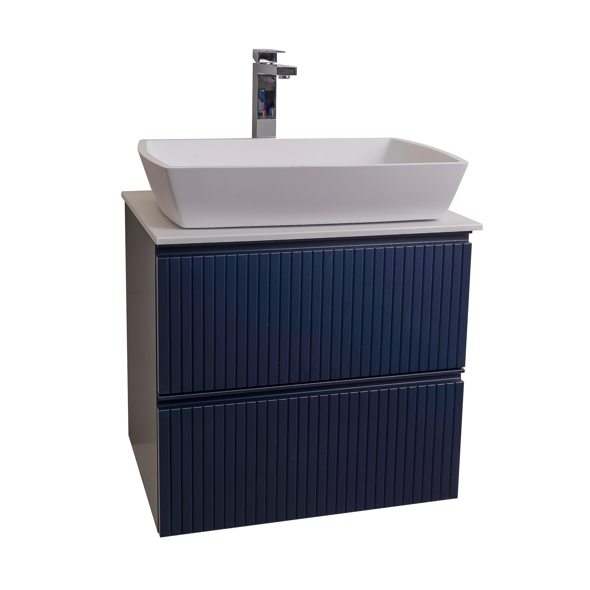 Ares 23.5 Matte Navy Blue Cabinet, Solid Surface Flat White Counter And Square Solid Surface White Basin 1316, Wall Mounted Modern Vanity Set