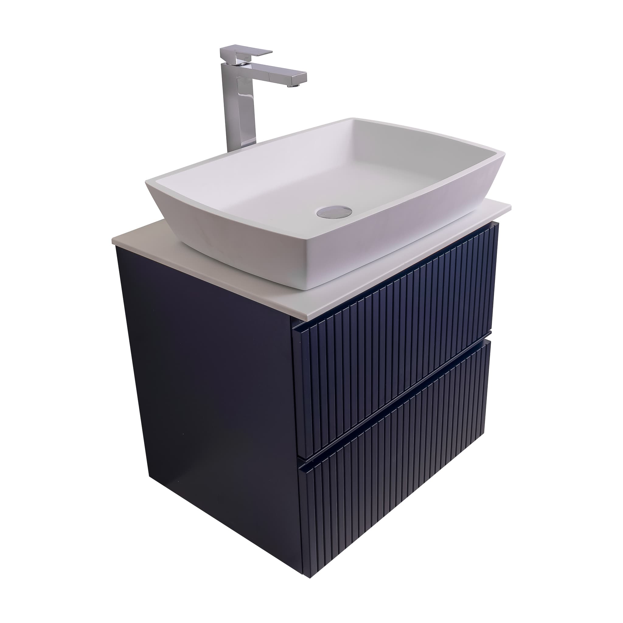 Ares 23.5 Matte Navy Blue Cabinet, Solid Surface Flat White Counter And Square Solid Surface White Basin 1316, Wall Mounted Modern Vanity Set