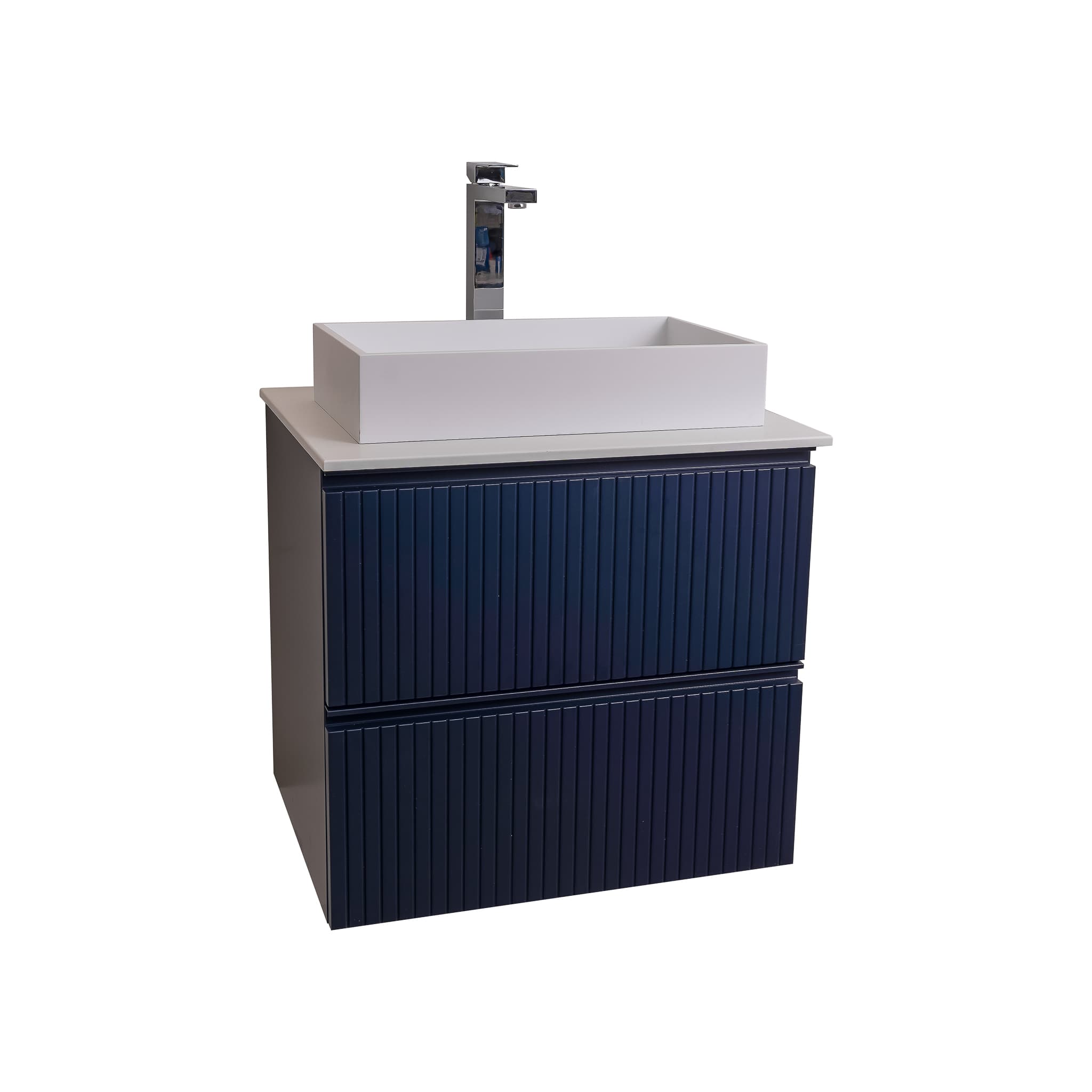 Ares 23.5 Matte Navy Blue Cabinet, Solid Surface Flat White Counter And Infinity Square Solid Surface White Basin 1329, Wall Mounted Modern Vanity Set