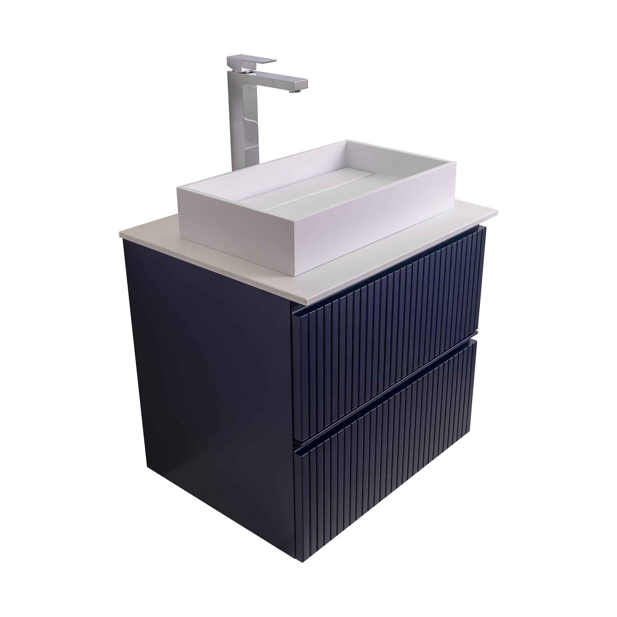 Ares 23.5 Matte Navy Blue Cabinet, Solid Surface Flat White Counter And Infinity Square Solid Surface White Basin 1329, Wall Mounted Modern Vanity Set