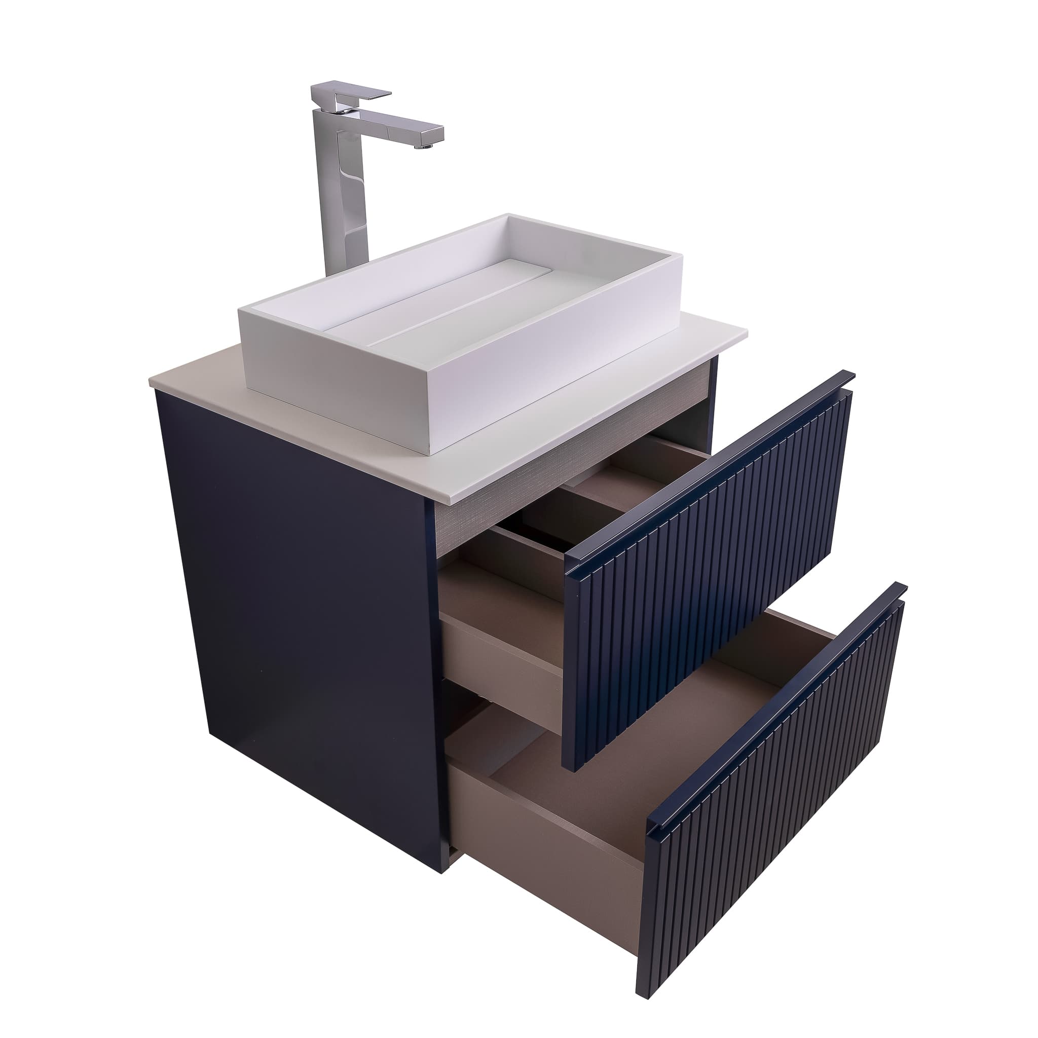 Ares 23.5 Matte Navy Blue Cabinet, Solid Surface Flat White Counter And Infinity Square Solid Surface White Basin 1329, Wall Mounted Modern Vanity Set