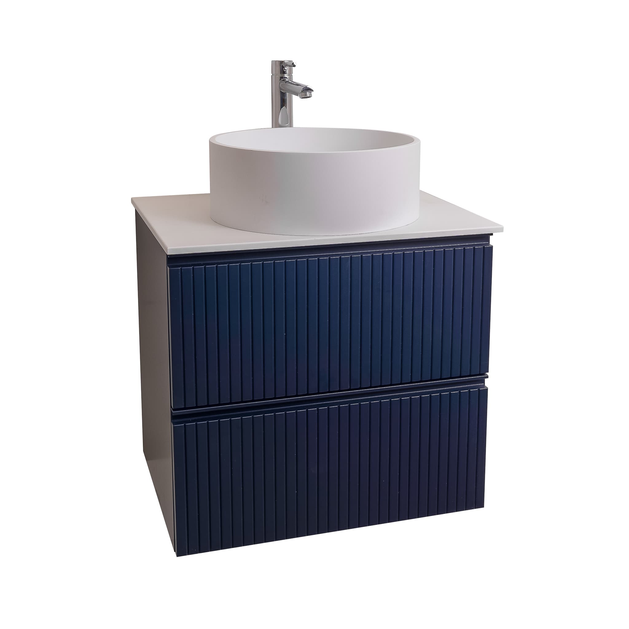 Ares 23.5 Matte Navy Blue Cabinet, Solid Surface Flat White Counter And Round Solid Surface White Basin 1386, Wall Mounted Modern Vanity Set