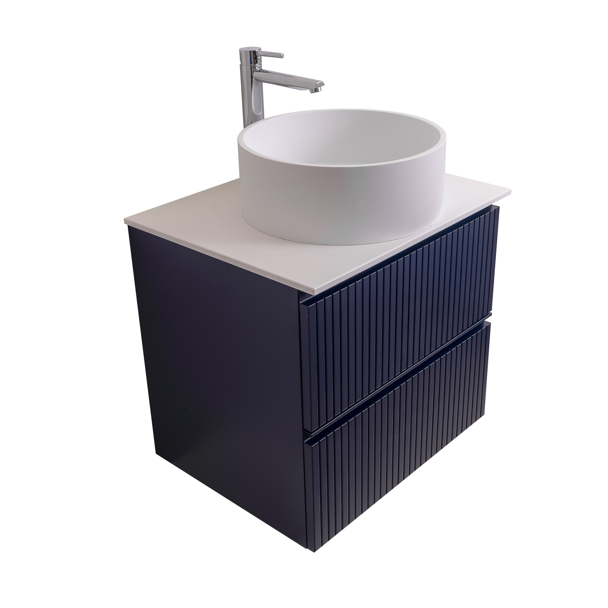 Ares 23.5 Matte Navy Blue Cabinet, Solid Surface Flat White Counter And Round Solid Surface White Basin 1386, Wall Mounted Modern Vanity Set