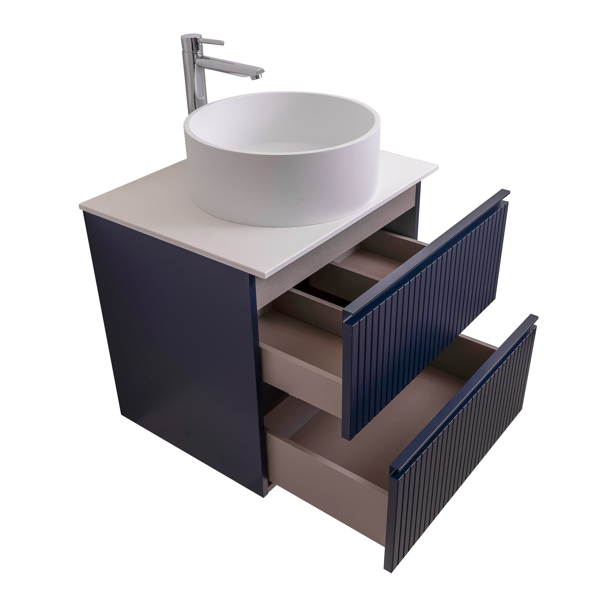 Ares 23.5 Matte Navy Blue Cabinet, Solid Surface Flat White Counter And Round Solid Surface White Basin 1386, Wall Mounted Modern Vanity Set