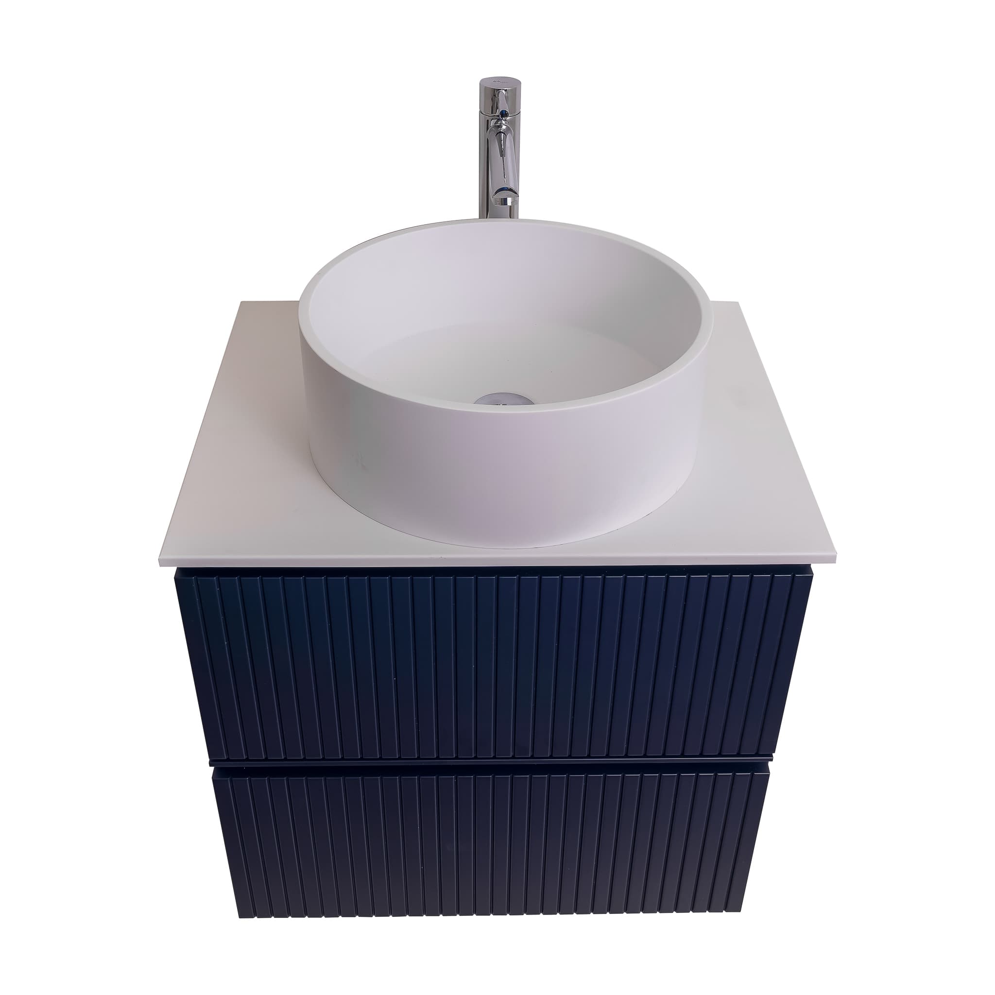 Ares 23.5 Matte Navy Blue Cabinet, Solid Surface Flat White Counter And Round Solid Surface White Basin 1386, Wall Mounted Modern Vanity Set