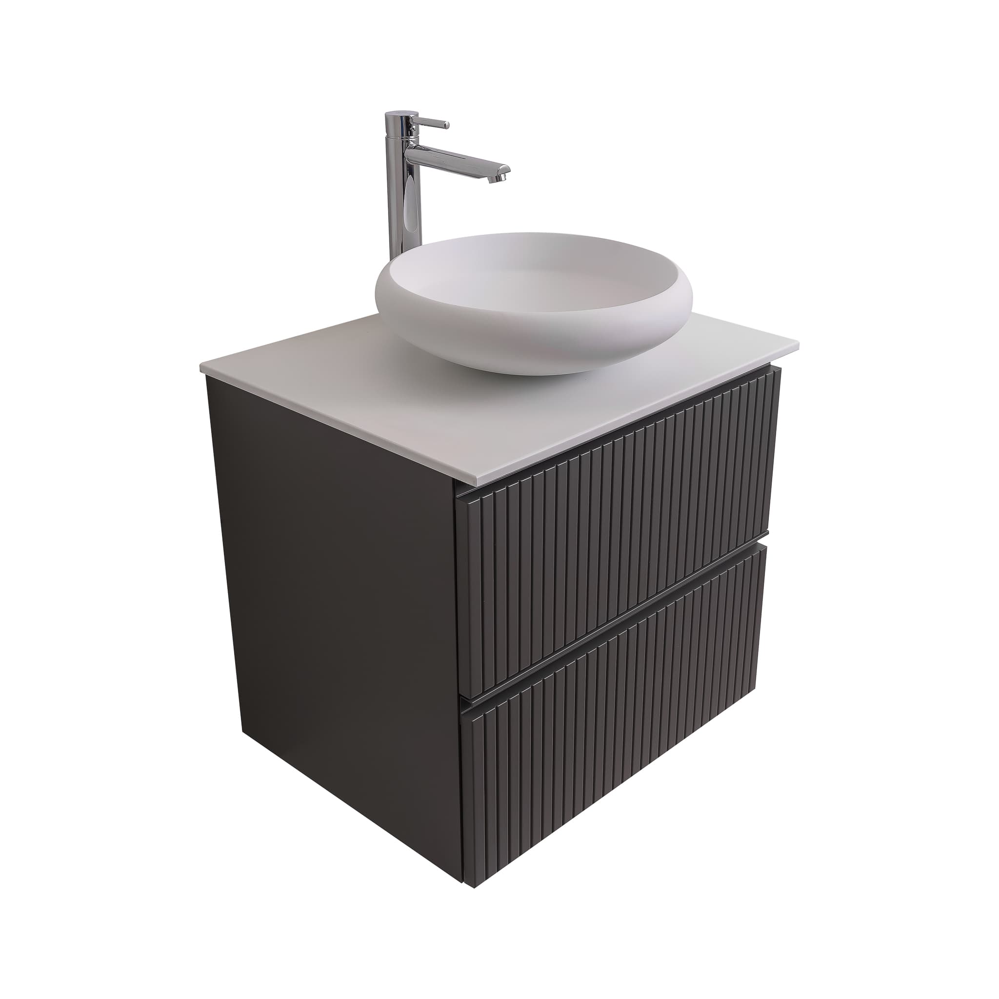 Ares 23.5 Matte Grey Cabinet, Solid Surface Flat White Counter And Round Solid Surface White Basin 1153, Wall Mounted Modern Vanity Set