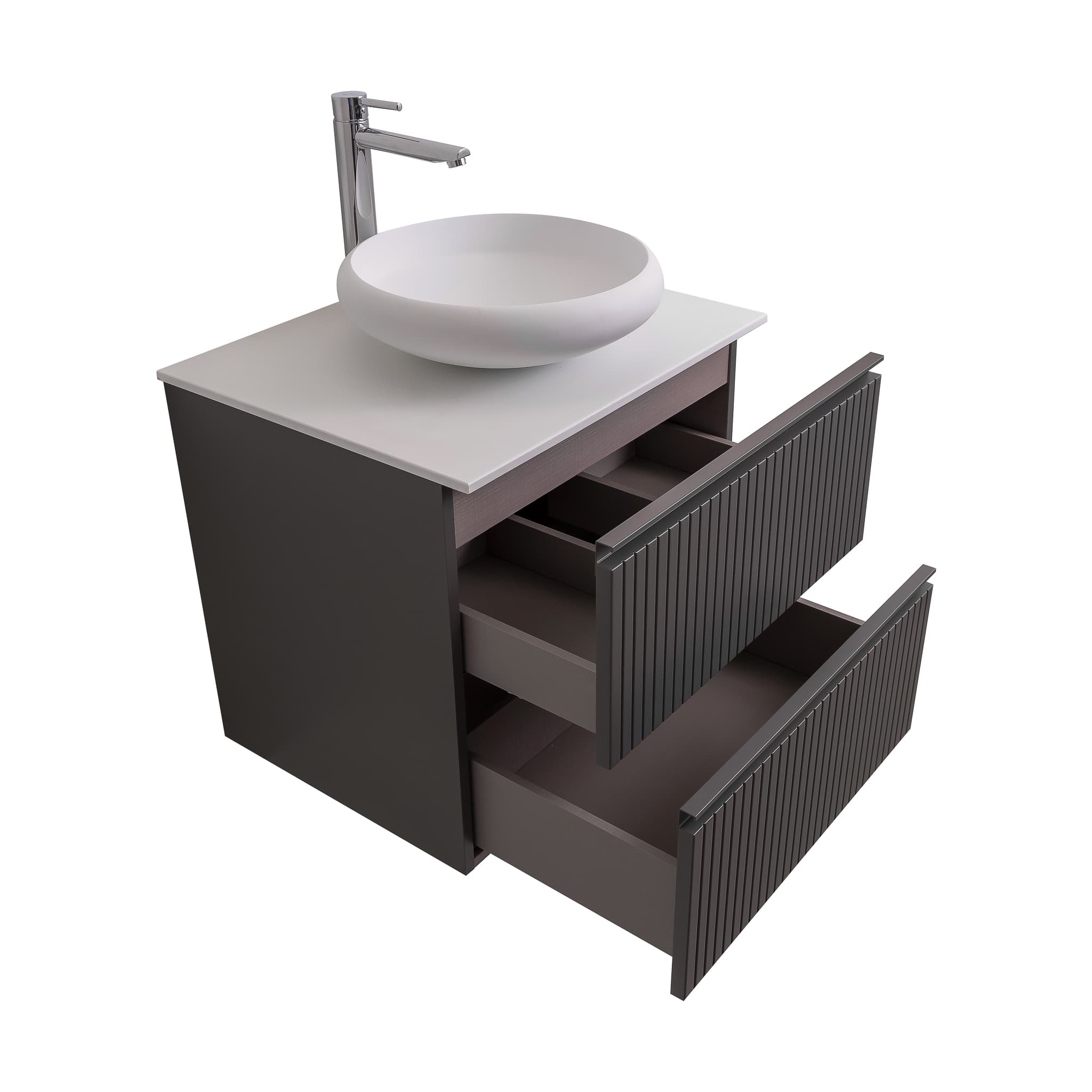 Ares 23.5 Matte Grey Cabinet, Solid Surface Flat White Counter And Round Solid Surface White Basin 1153, Wall Mounted Modern Vanity Set