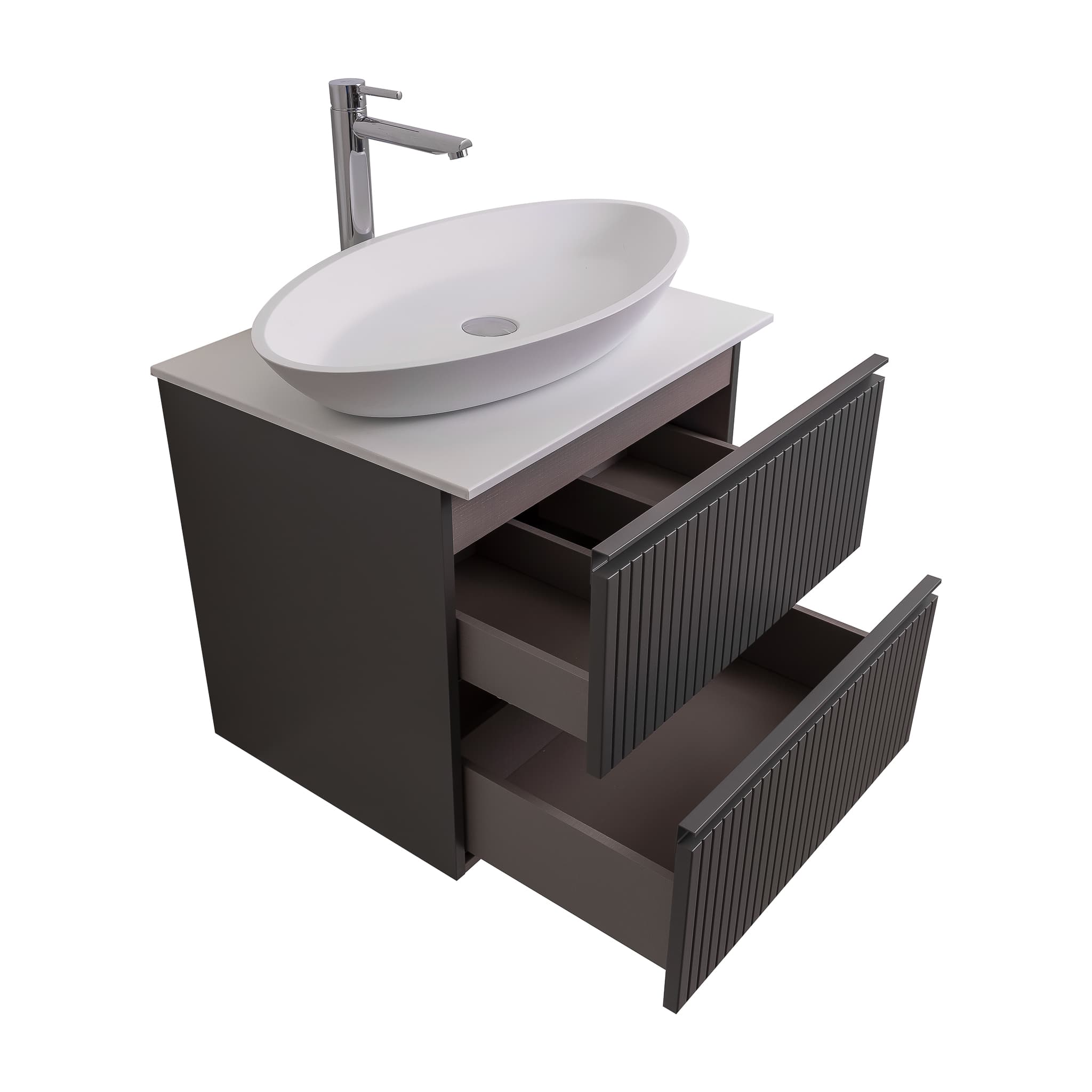 Ares 23.5 Matte Grey Cabinet, Solid Surface Flat White Counter And Oval Solid Surface White Basin 1305, Wall Mounted Modern Vanity Set