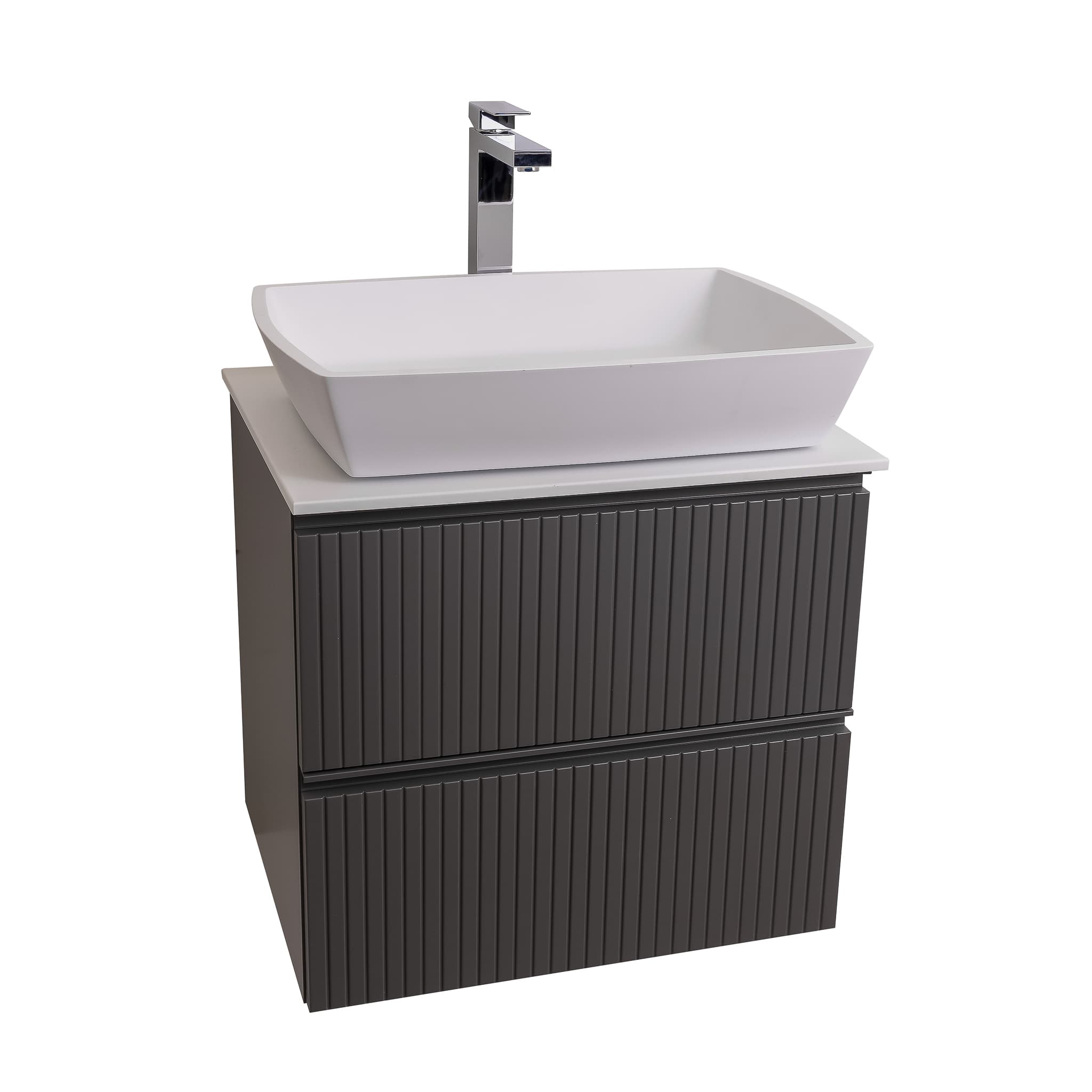 Ares 23.5 Matte Grey Cabinet, Solid Surface Flat White Counter And Square Solid Surface White Basin 1316, Wall Mounted Modern Vanity Set