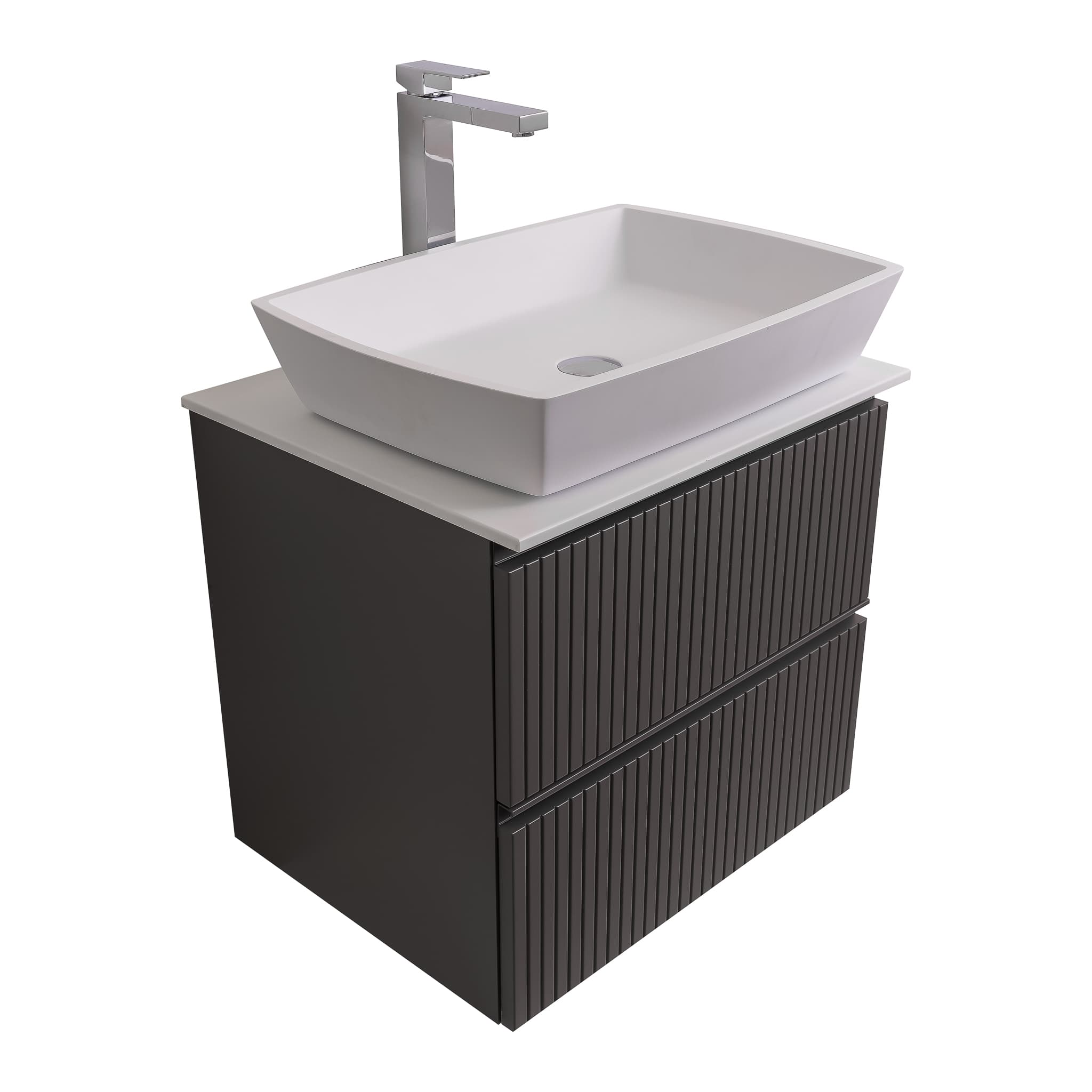 Ares 23.5 Matte Grey Cabinet, Solid Surface Flat White Counter And Square Solid Surface White Basin 1316, Wall Mounted Modern Vanity Set