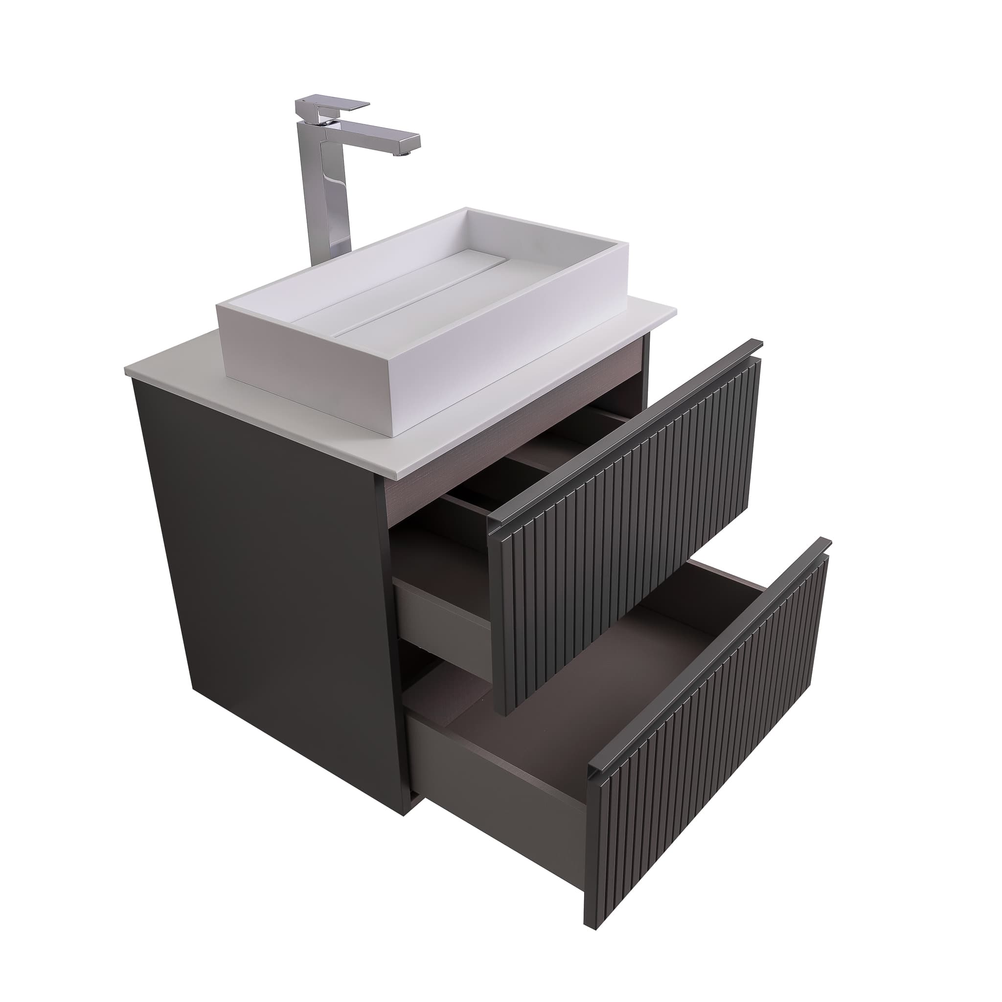 Ares 23.5 Matte Grey Cabinet, Solid Surface Flat White Counter And Infinity Square Solid Surface White Basin 1329, Wall Mounted Modern Vanity Set