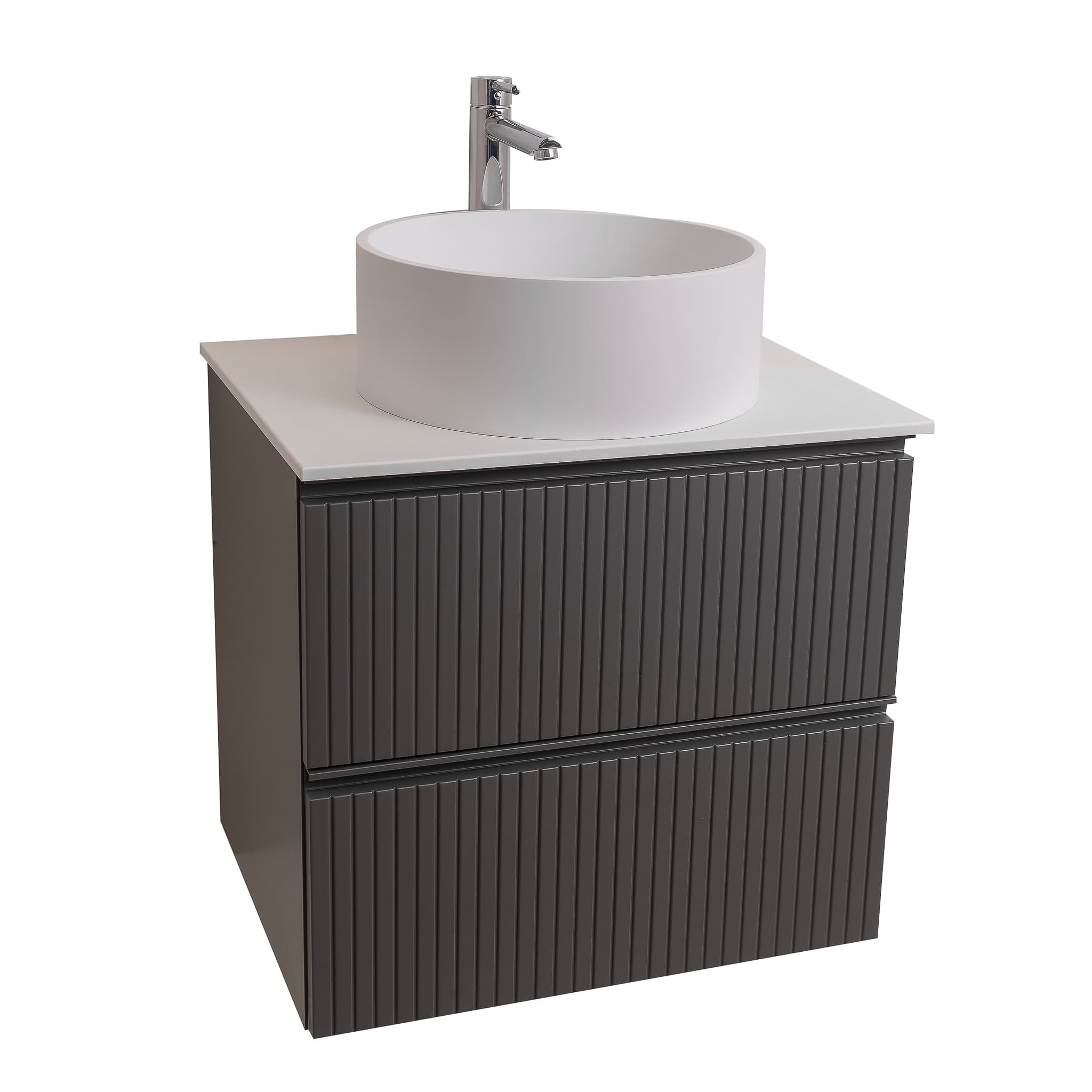 Ares 23.5 Matte Grey Cabinet, Solid Surface Flat White Counter And Round Solid Surface White Basin 1386, Wall Mounted Modern Vanity Set