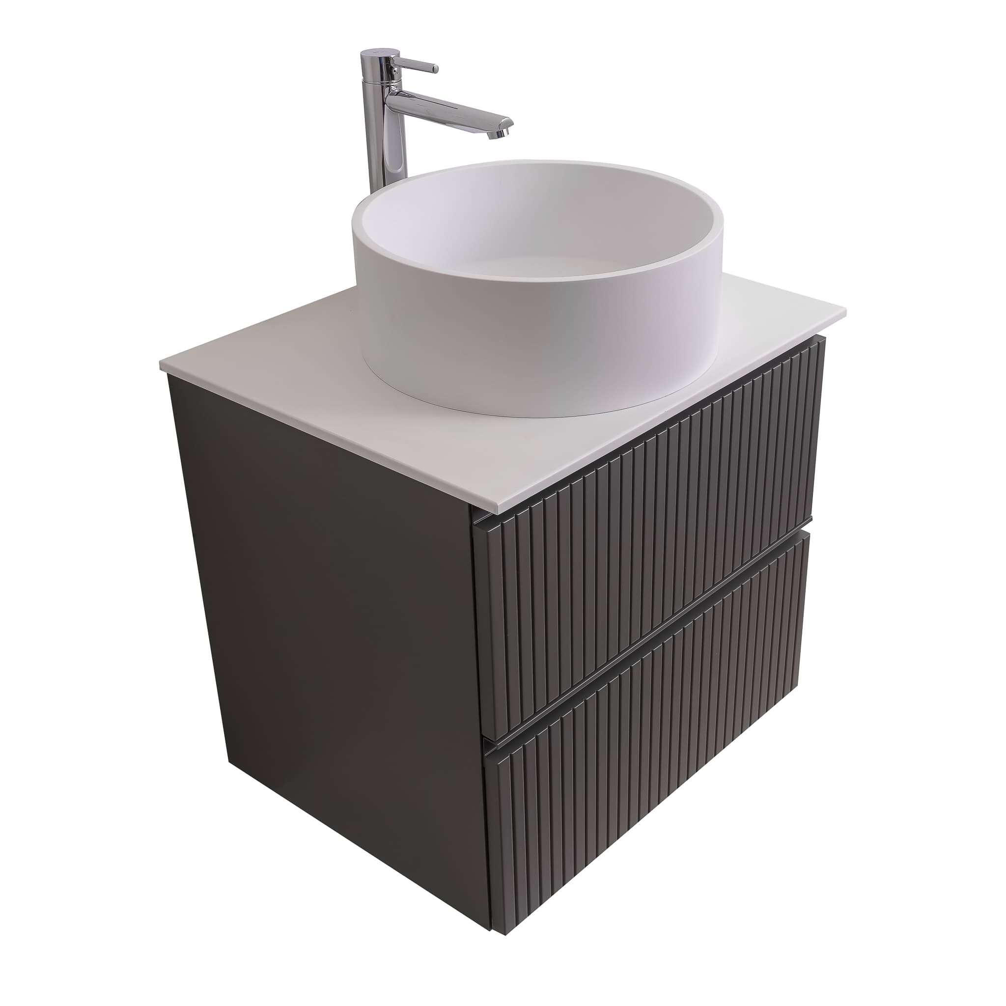 Ares 23.5 Matte Grey Cabinet, Solid Surface Flat White Counter And Round Solid Surface White Basin 1386, Wall Mounted Modern Vanity Set