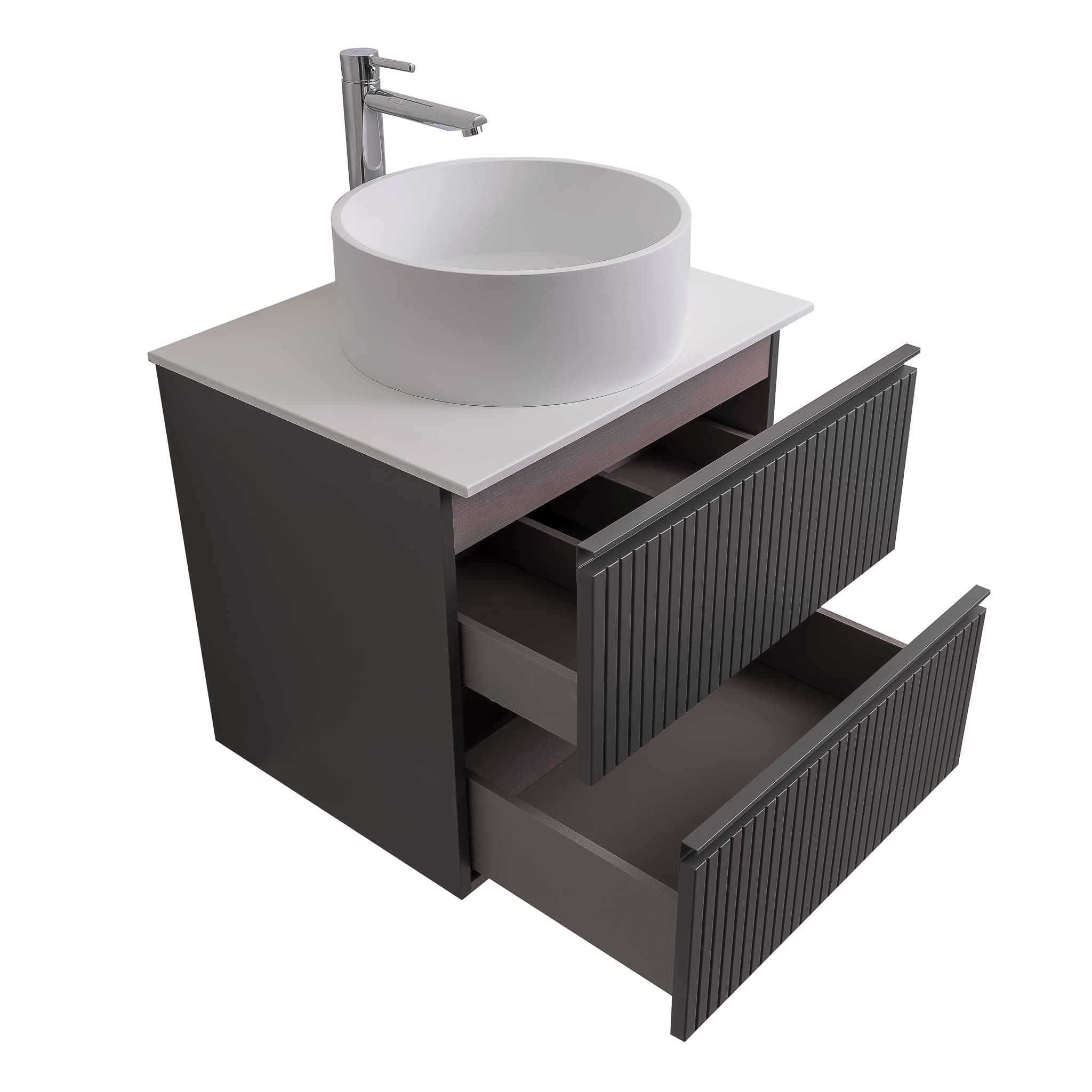 Ares 23.5 Matte Grey Cabinet, Solid Surface Flat White Counter And Round Solid Surface White Basin 1386, Wall Mounted Modern Vanity Set