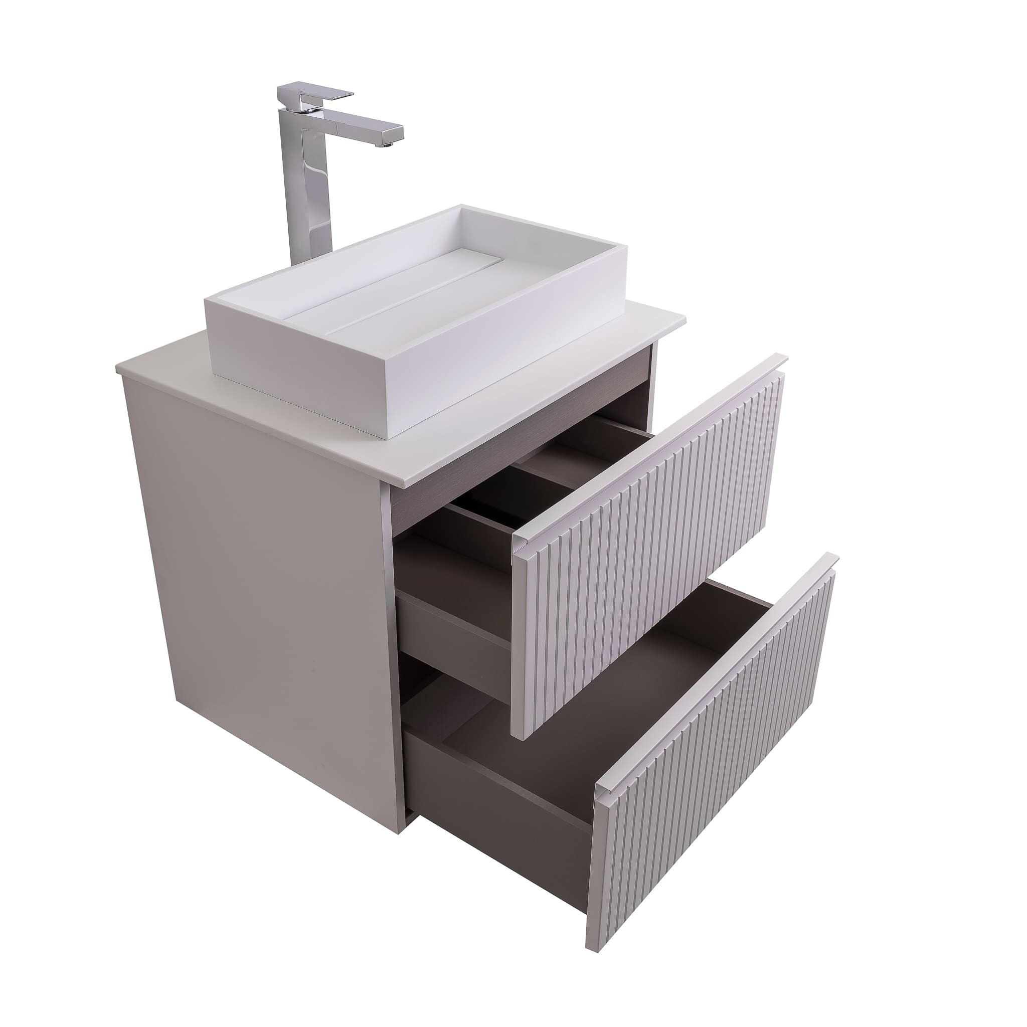 Ares 23.5 Matte White Cabinet, Solid Surface Flat White Counter And Infinity Square Solid Surface White Basin 1329, Wall Mounted Modern Vanity Set