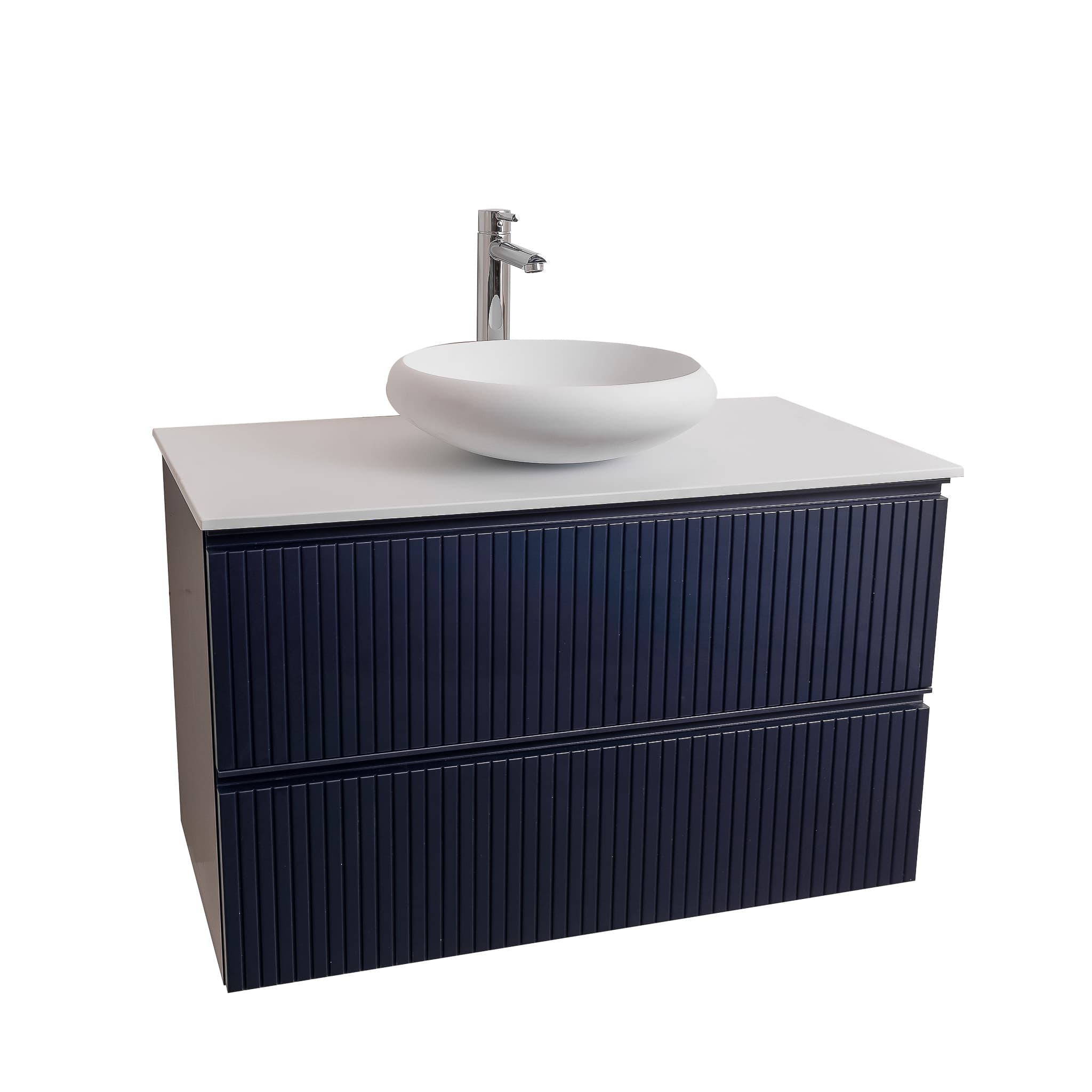 Ares 31.5 Matte Navy Blue Cabinet, Solid Surface Flat White Counter And Round Solid Surface White Basin 1153, Wall Mounted Modern Vanity Set