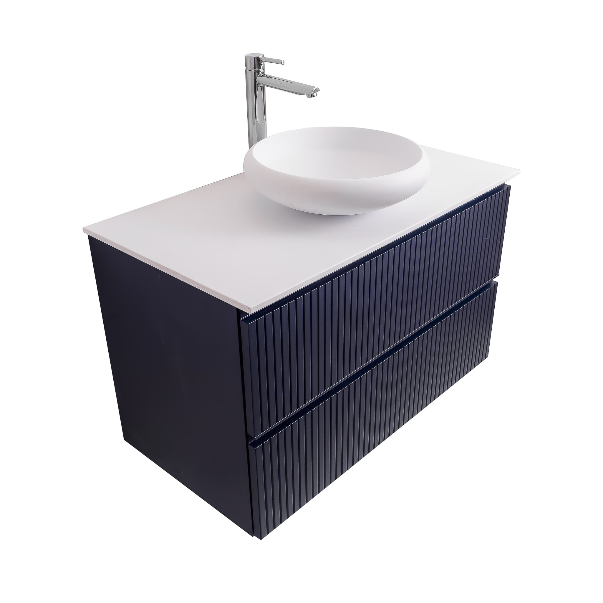 Ares 31.5 Matte Navy Blue Cabinet, Solid Surface Flat White Counter And Round Solid Surface White Basin 1153, Wall Mounted Modern Vanity Set