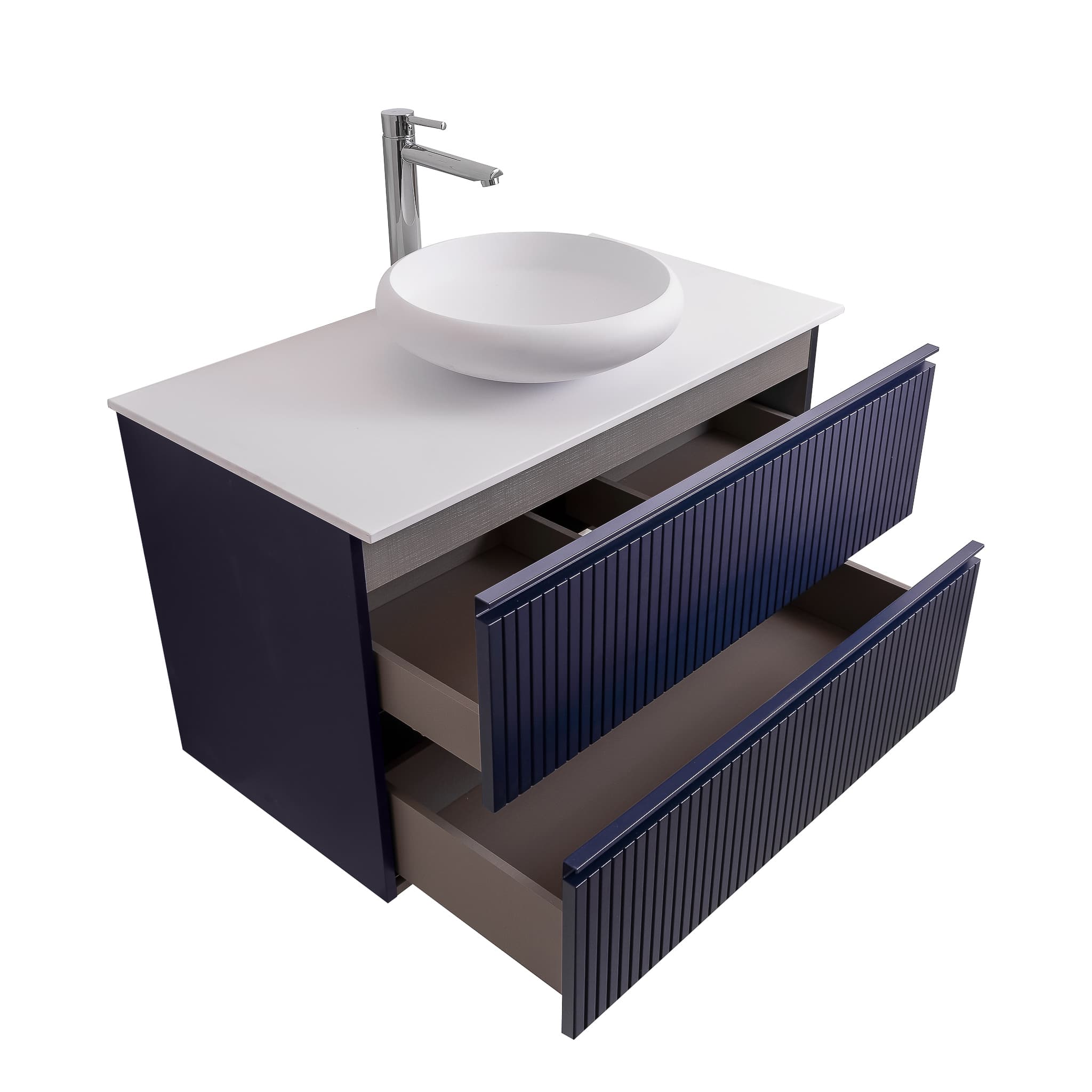 Ares 31.5 Matte Navy Blue Cabinet, Solid Surface Flat White Counter And Round Solid Surface White Basin 1153, Wall Mounted Modern Vanity Set