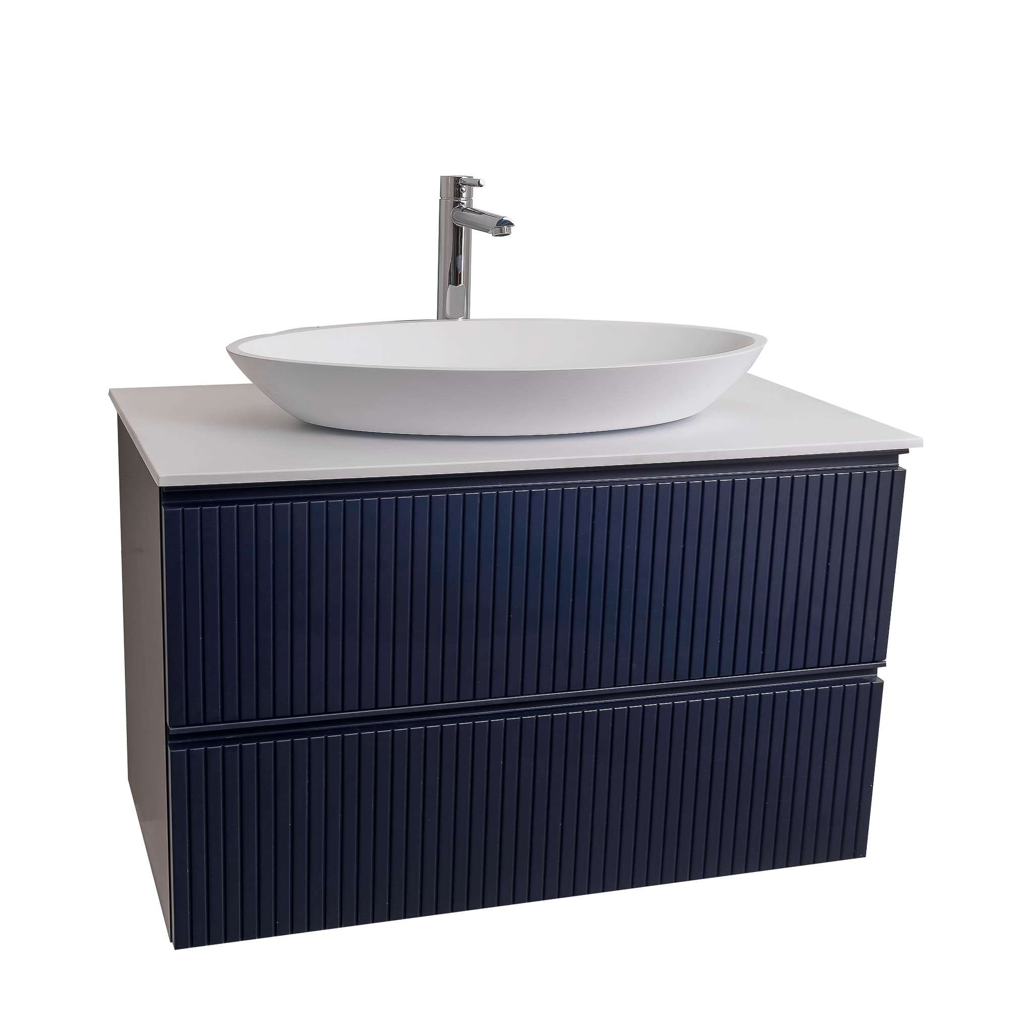 Ares 31.5 Matte Navy Blue Cabinet, Solid Surface Flat White Counter And Oval Solid Surface White Basin 1305, Wall Mounted Modern Vanity Set