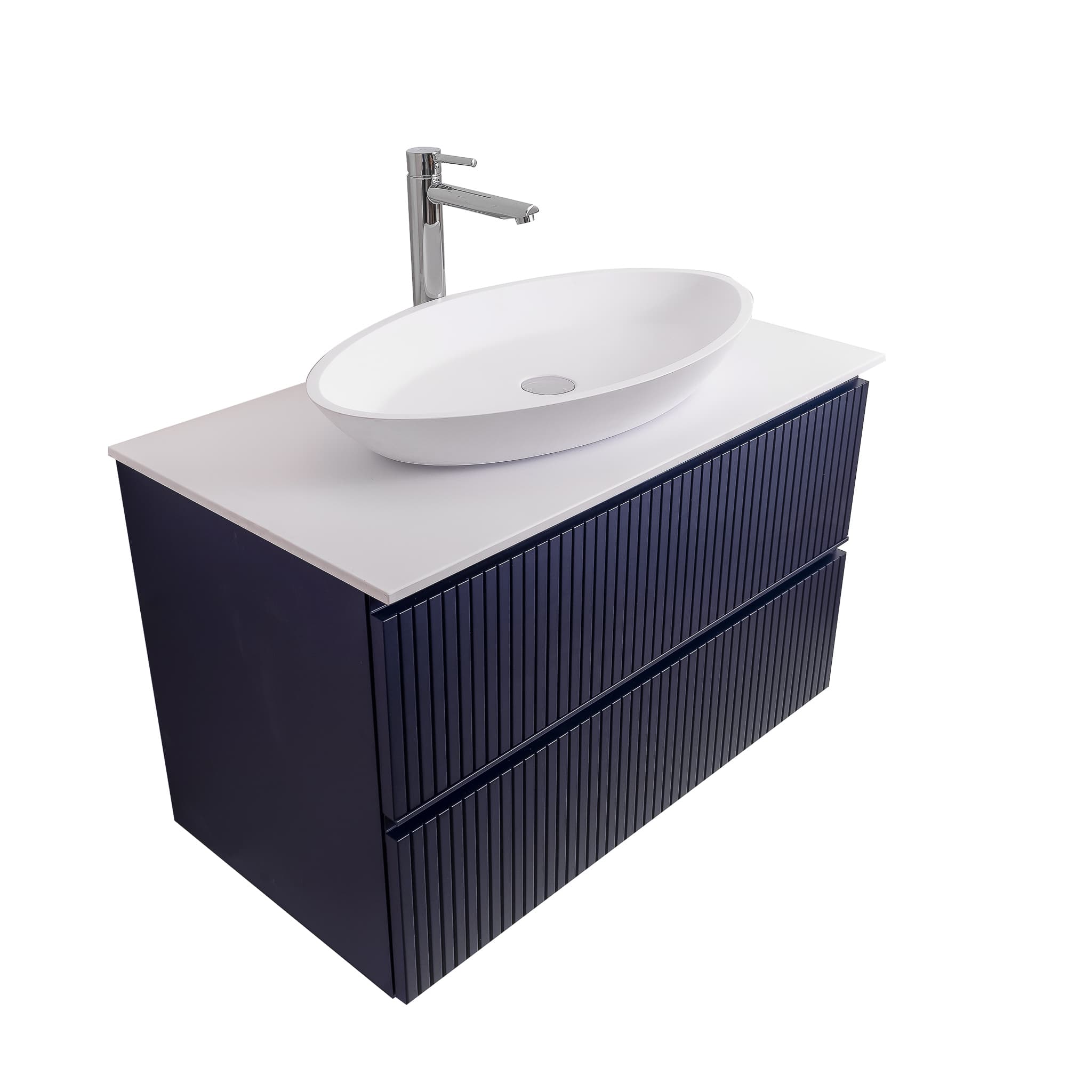 Ares 31.5 Matte Navy Blue Cabinet, Solid Surface Flat White Counter And Oval Solid Surface White Basin 1305, Wall Mounted Modern Vanity Set