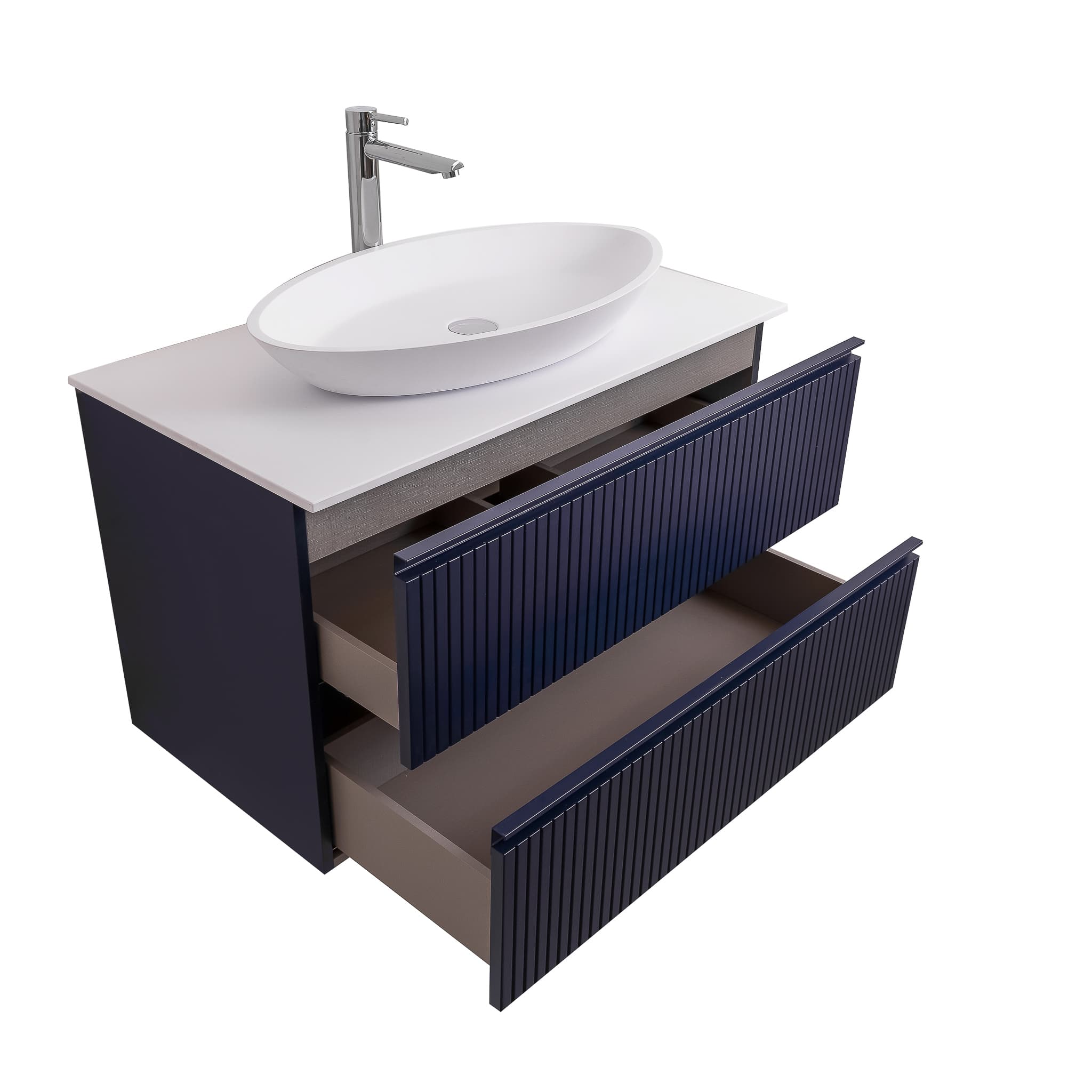 Ares 31.5 Matte Navy Blue Cabinet, Solid Surface Flat White Counter And Oval Solid Surface White Basin 1305, Wall Mounted Modern Vanity Set