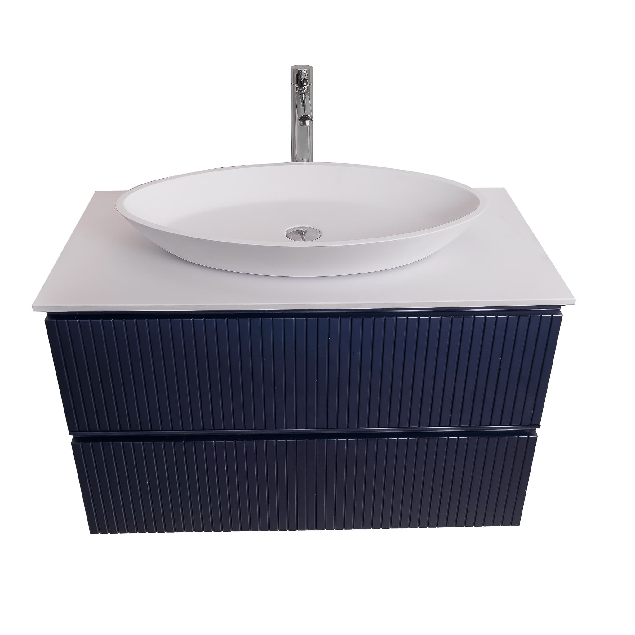 Ares 31.5 Matte Navy Blue Cabinet, Solid Surface Flat White Counter And Oval Solid Surface White Basin 1305, Wall Mounted Modern Vanity Set