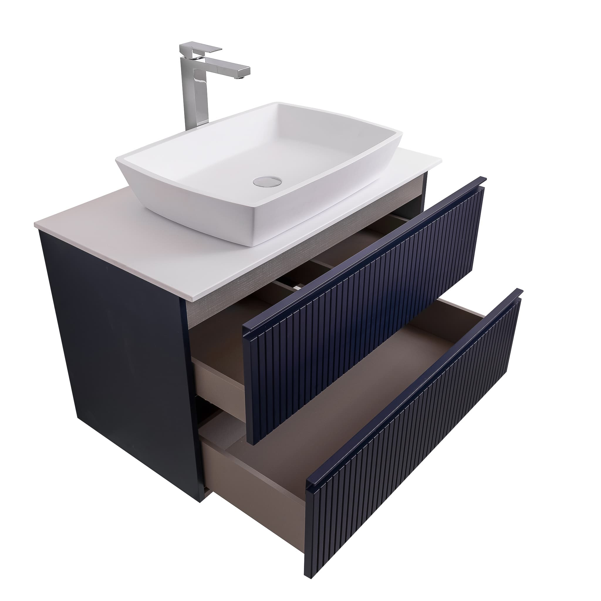 Ares 31.5 Matte Navy Blue Cabinet, Solid Surface Flat White Counter And Square Solid Surface White Basin 1316, Wall Mounted Modern Vanity Set