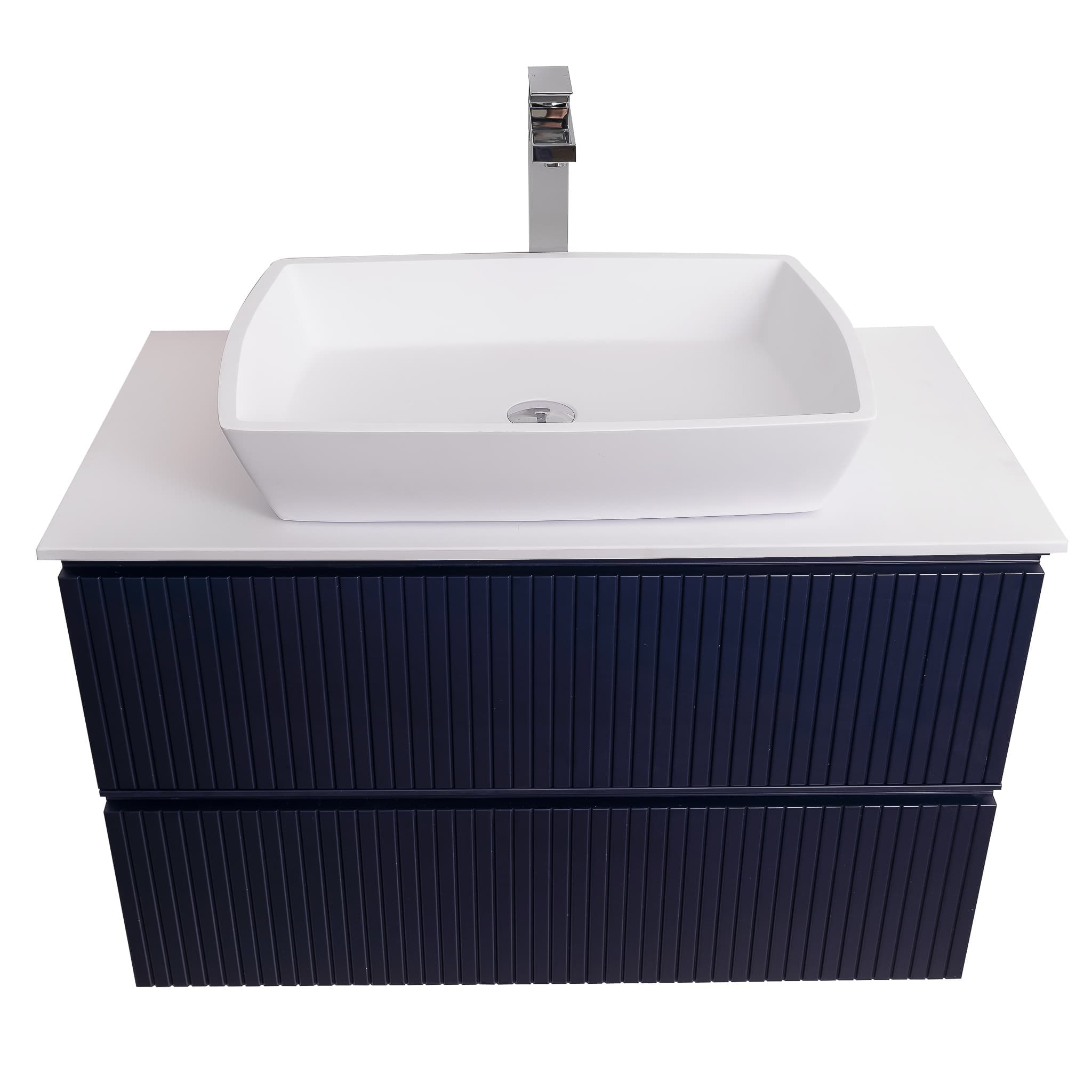 Ares 31.5 Matte Navy Blue Cabinet, Solid Surface Flat White Counter And Square Solid Surface White Basin 1316, Wall Mounted Modern Vanity Set