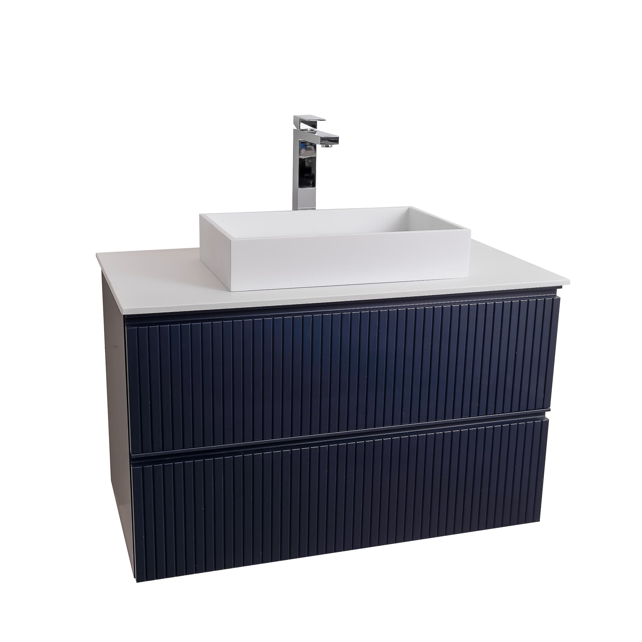 Ares 31.5 Matte Navy Blue Cabinet, Solid Surface Flat White Counter And Infinity Square Solid Surface White Basin 1329, Wall Mounted Modern Vanity Set
