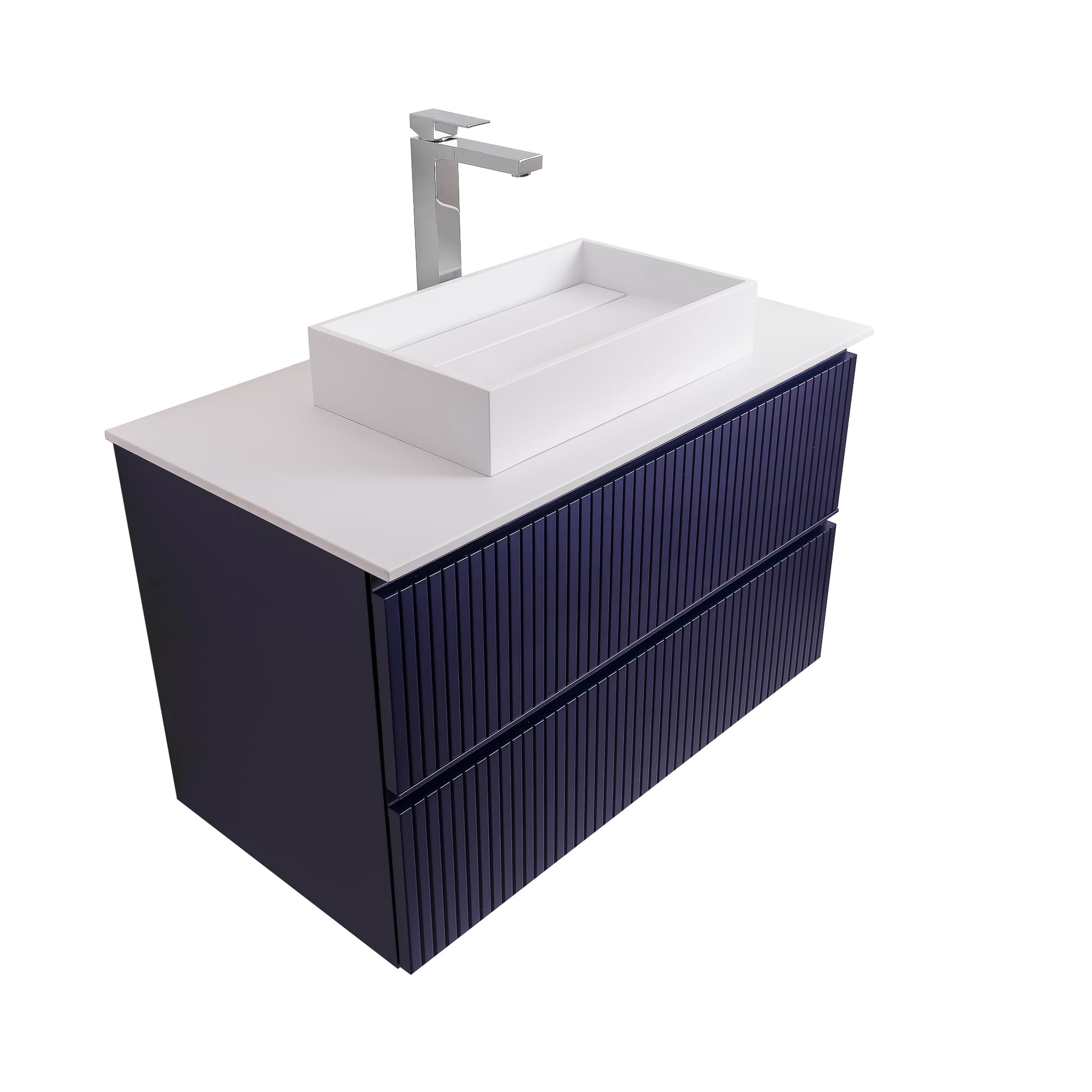 Ares 31.5 Matte Navy Blue Cabinet, Solid Surface Flat White Counter And Infinity Square Solid Surface White Basin 1329, Wall Mounted Modern Vanity Set