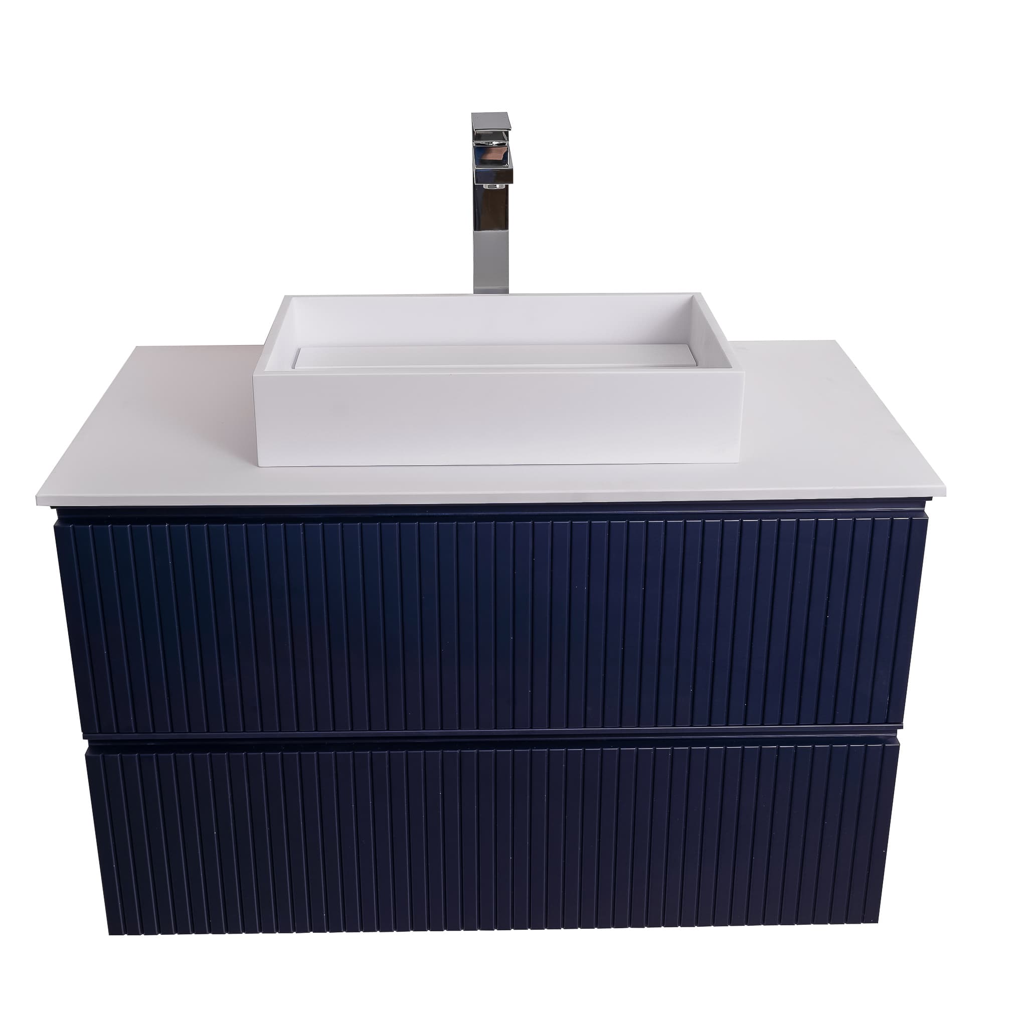 Ares 31.5 Matte Navy Blue Cabinet, Solid Surface Flat White Counter And Infinity Square Solid Surface White Basin 1329, Wall Mounted Modern Vanity Set