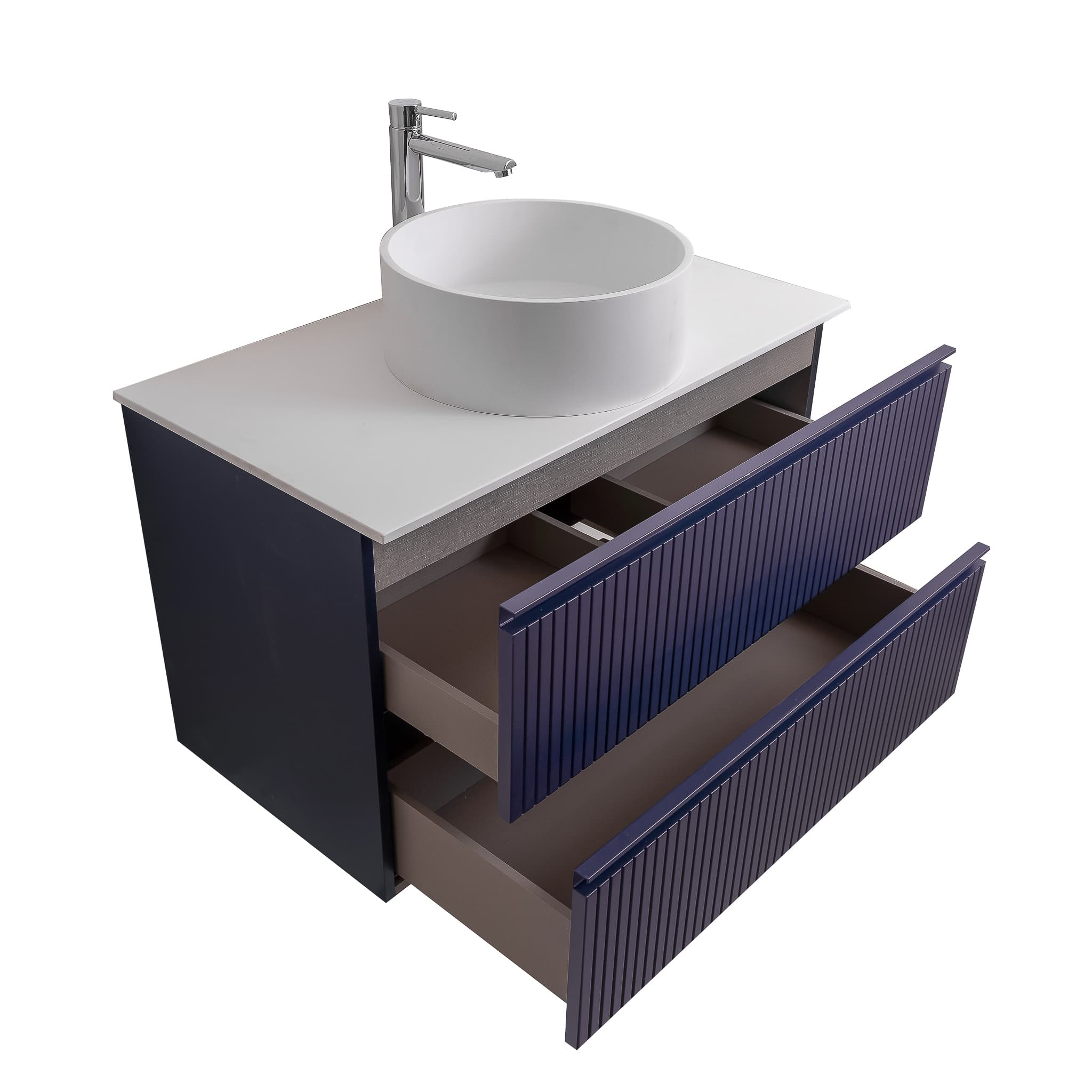 Ares 31.5 Matte Navy Blue Cabinet, Solid Surface Flat White Counter And Round Solid Surface White Basin 1386, Wall Mounted Modern Vanity Set