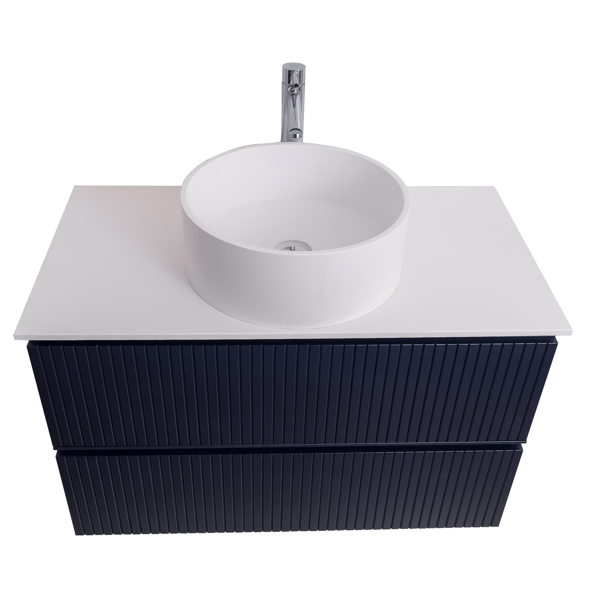 Ares 31.5 Matte Navy Blue Cabinet, Solid Surface Flat White Counter And Round Solid Surface White Basin 1386, Wall Mounted Modern Vanity Set