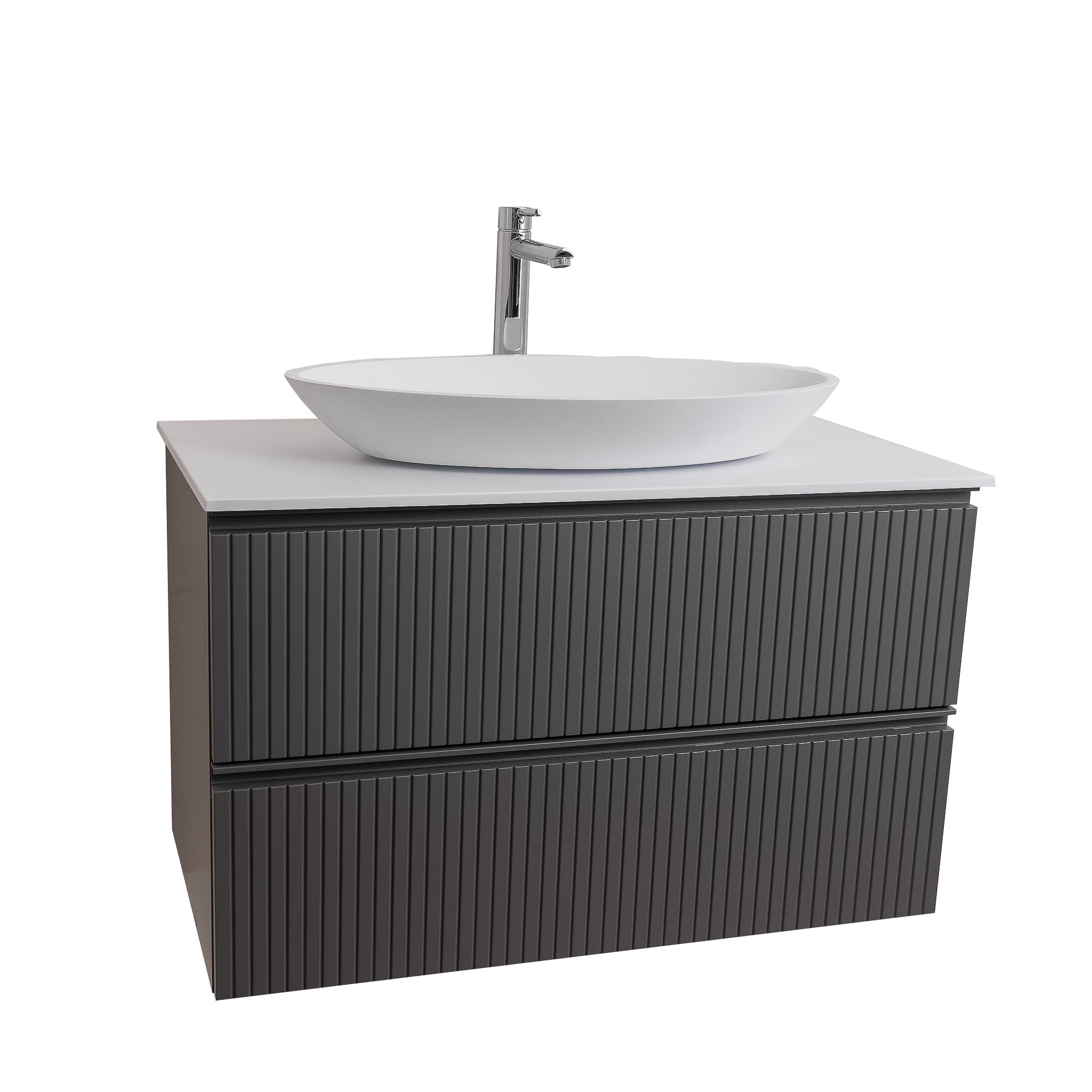 Ares 31.5 Matte Grey Cabinet, Solid Surface Flat White Counter And Oval Solid Surface White Basin 1305, Wall Mounted Modern Vanity Set