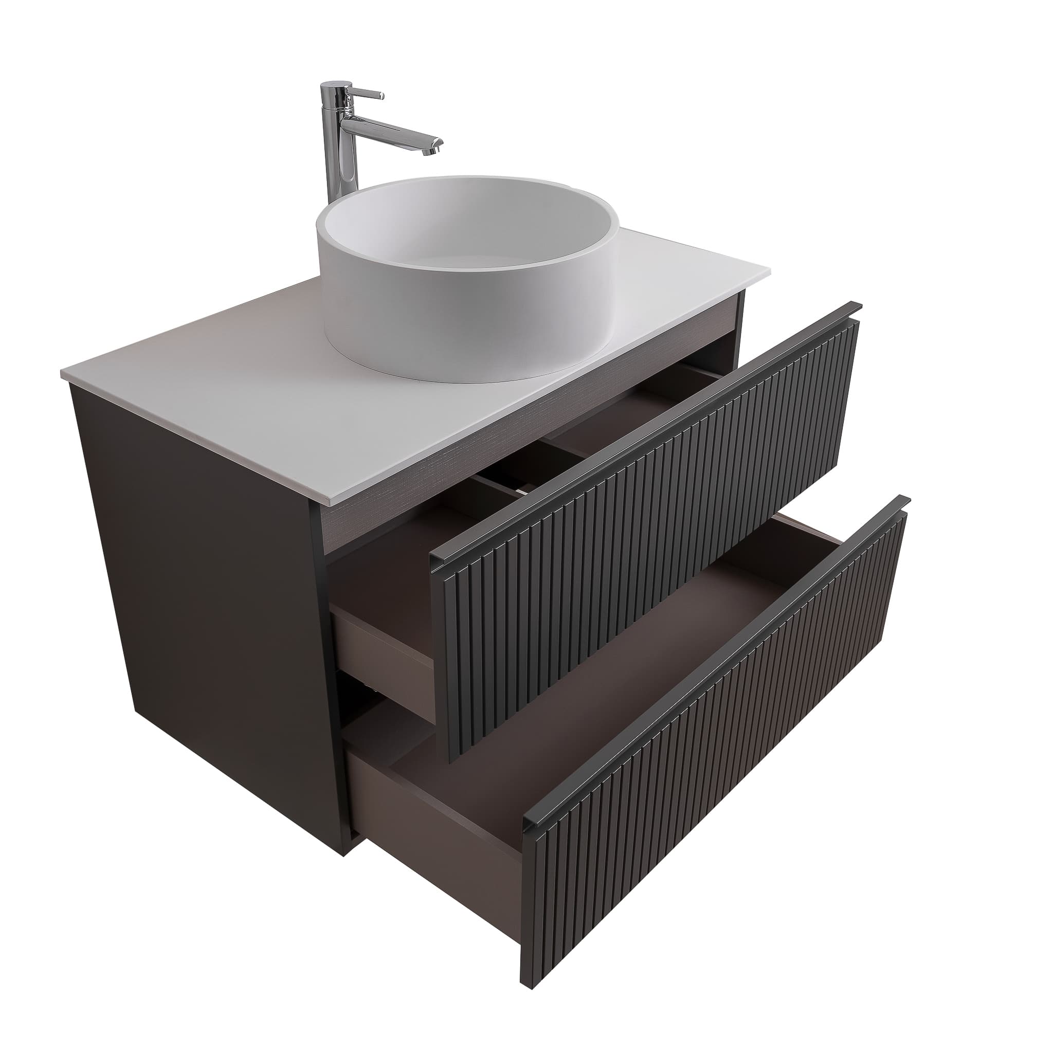 Ares 31.5 Matte Grey Cabinet, Solid Surface Flat White Counter And Round Solid Surface White Basin 1386, Wall Mounted Modern Vanity Set