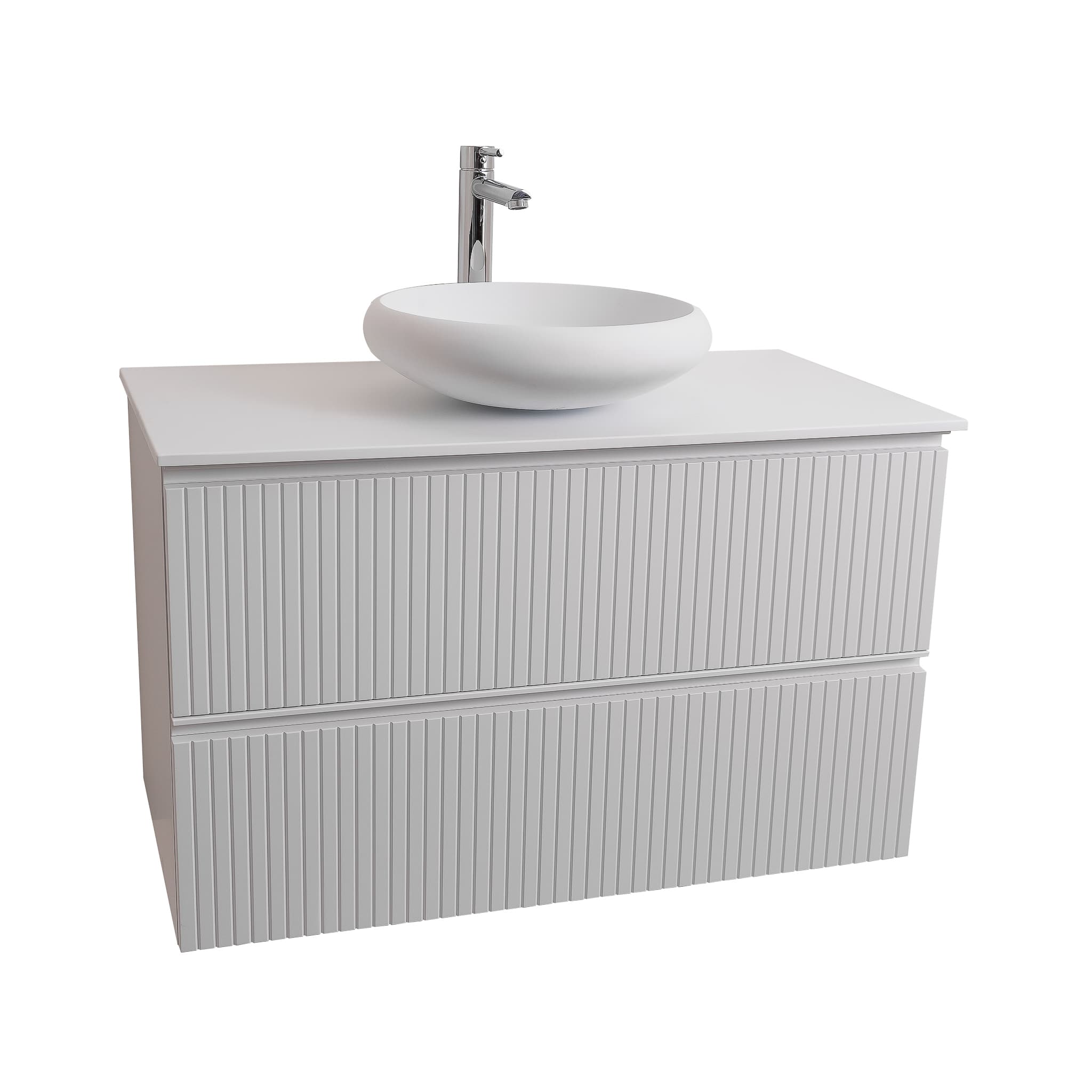 Ares 31.5 Matte White Cabinet, Solid Surface Flat White Counter And Round Solid Surface White Basin 1153, Wall Mounted Modern Vanity Set