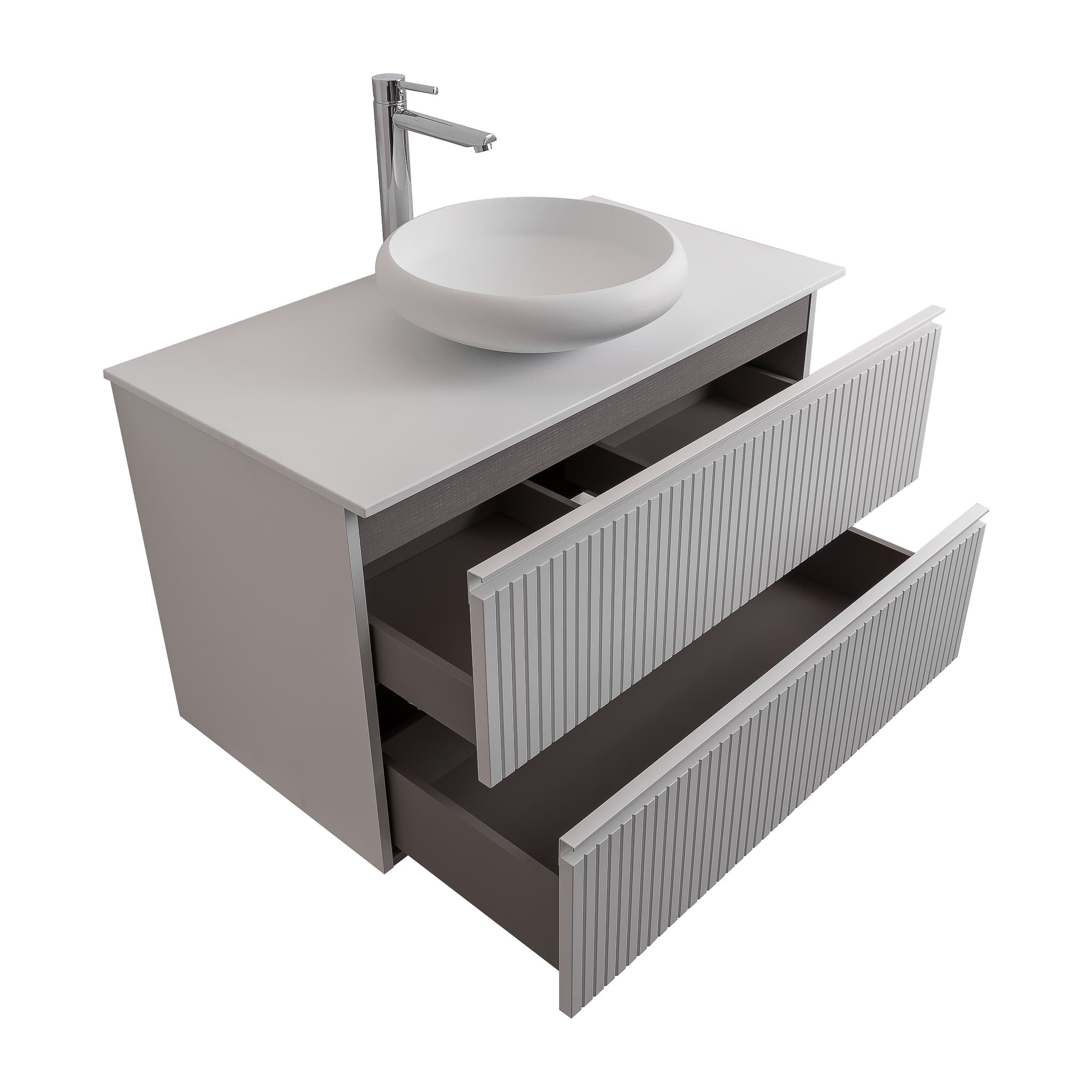 Ares 31.5 Matte White Cabinet, Solid Surface Flat White Counter And Round Solid Surface White Basin 1153, Wall Mounted Modern Vanity Set