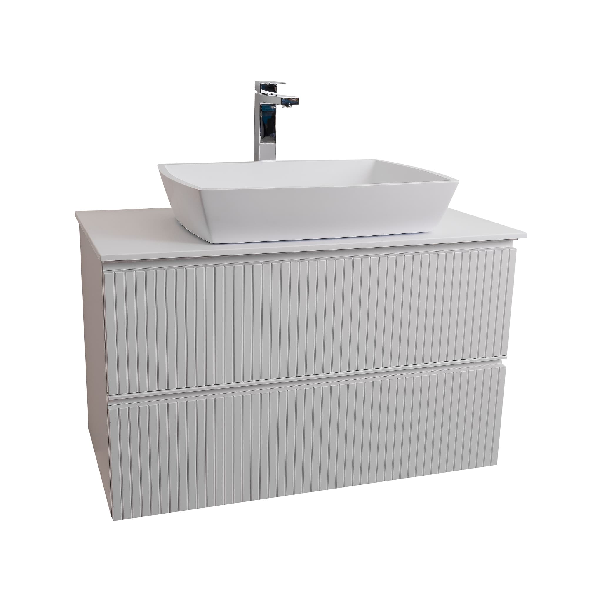 Ares 31.5 Matte White Cabinet, Solid Surface Flat White Counter And Square Solid Surface White Basin 1316, Wall Mounted Modern Vanity Set