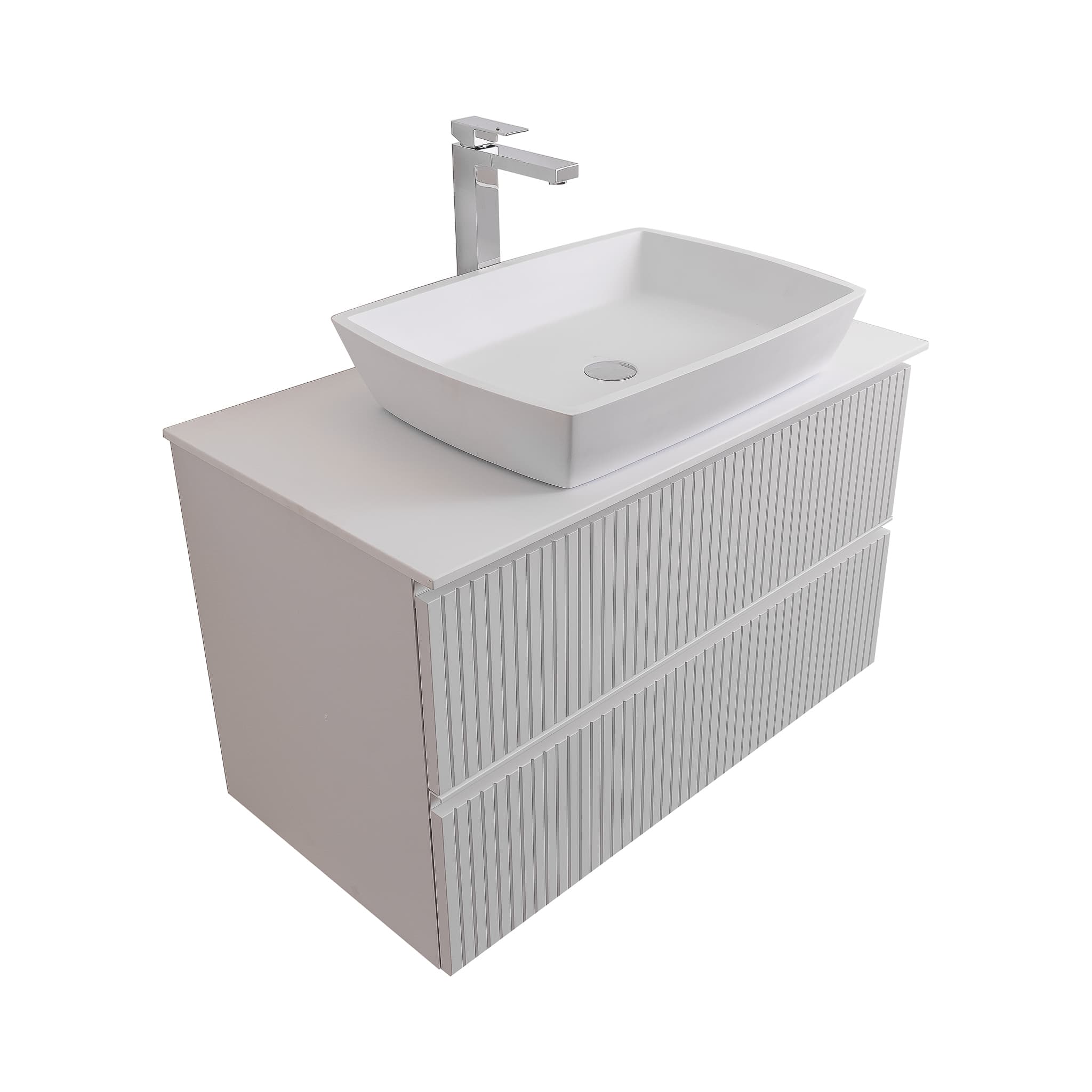 Ares 31.5 Matte White Cabinet, Solid Surface Flat White Counter And Square Solid Surface White Basin 1316, Wall Mounted Modern Vanity Set