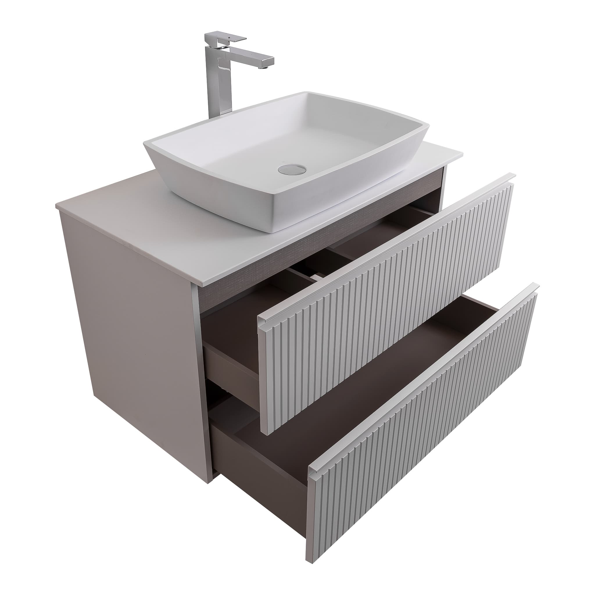 Ares 31.5 Matte White Cabinet, Solid Surface Flat White Counter And Square Solid Surface White Basin 1316, Wall Mounted Modern Vanity Set