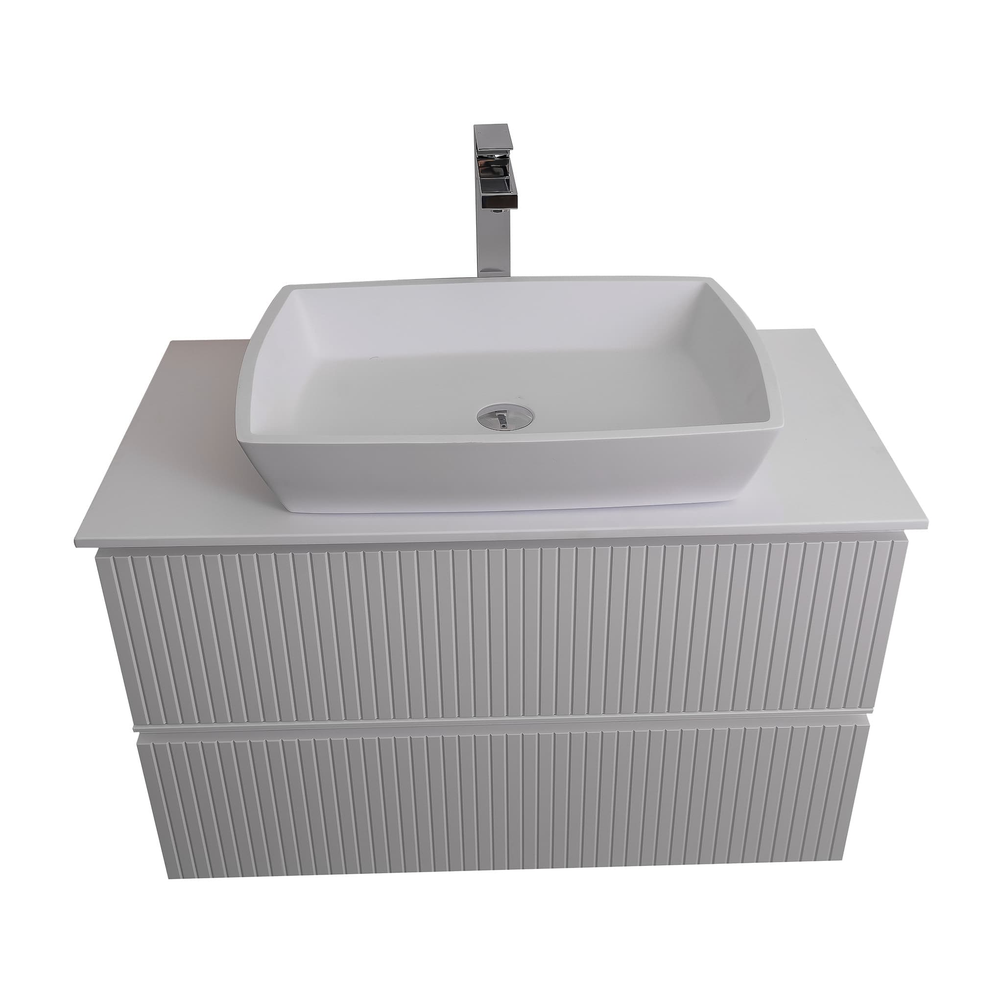 Ares 31.5 Matte White Cabinet, Solid Surface Flat White Counter And Square Solid Surface White Basin 1316, Wall Mounted Modern Vanity Set