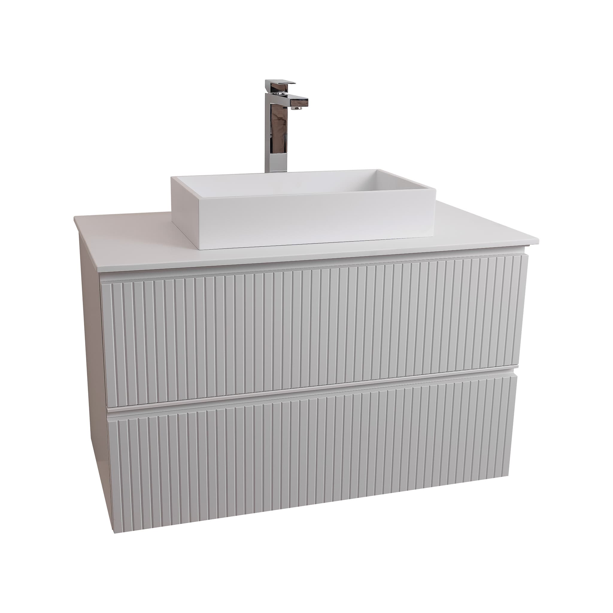 Ares 31.5 Matte White Cabinet, Solid Surface Flat White Counter And Infinity Square Solid Surface White Basin 1329, Wall Mounted Modern Vanity Set