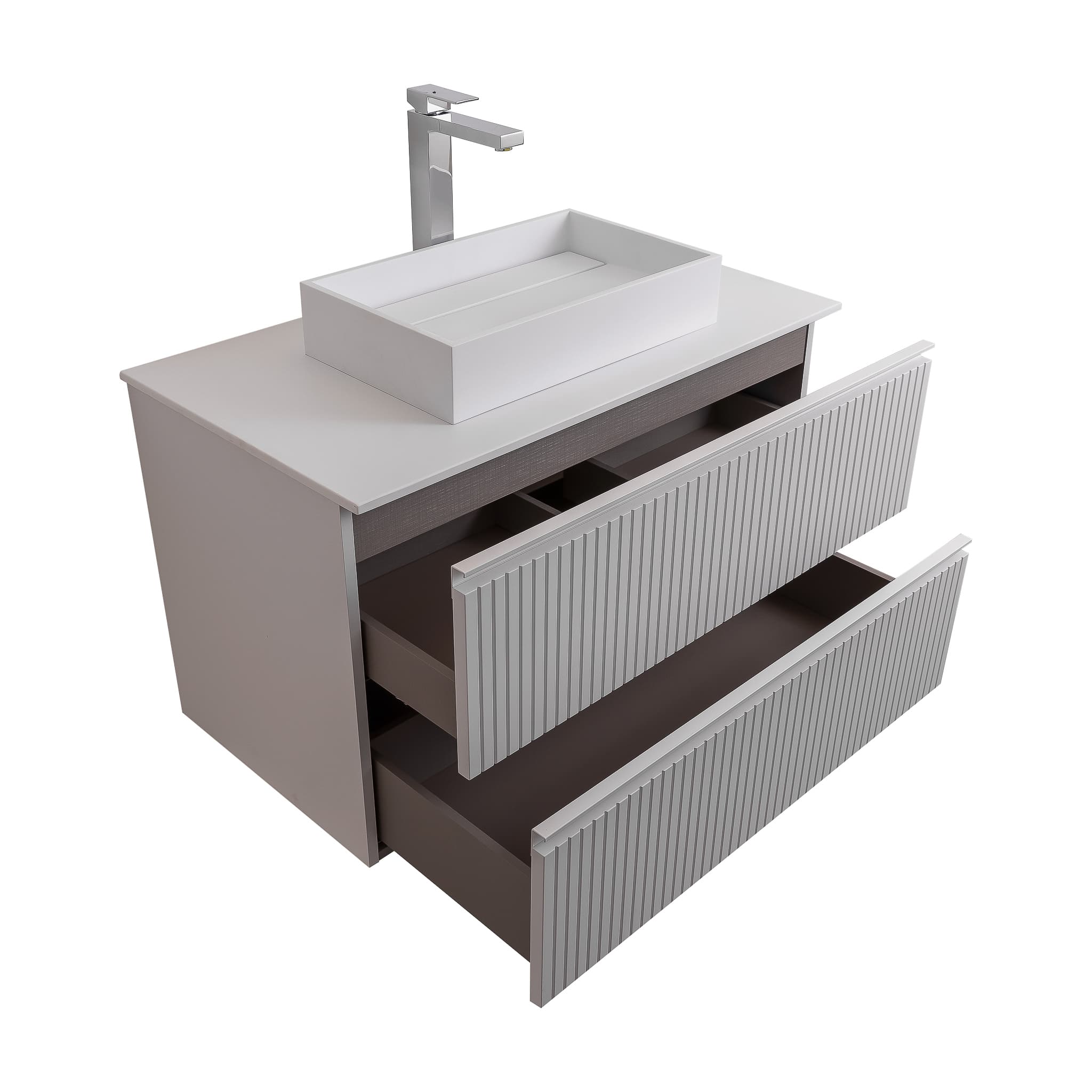 Ares 31.5 Matte White Cabinet, Solid Surface Flat White Counter And Infinity Square Solid Surface White Basin 1329, Wall Mounted Modern Vanity Set