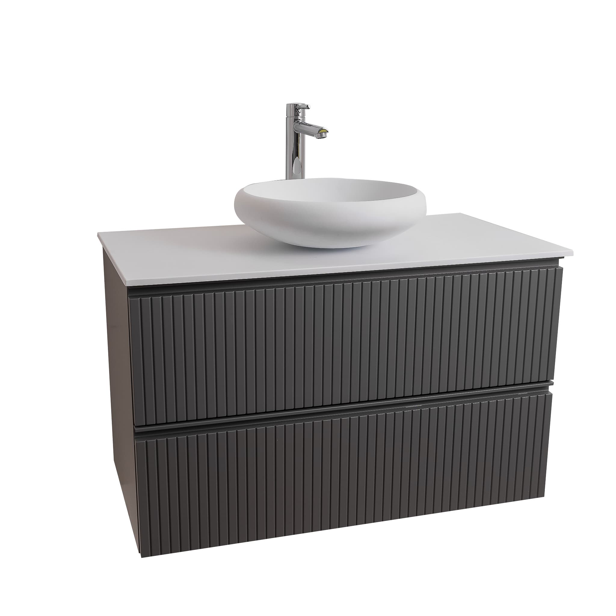 Ares 35.5 Matte Grey Cabinet, Solid Surface Flat White Counter And Round Solid Surface White Basin 1153, Wall Mounted Modern Vanity Set