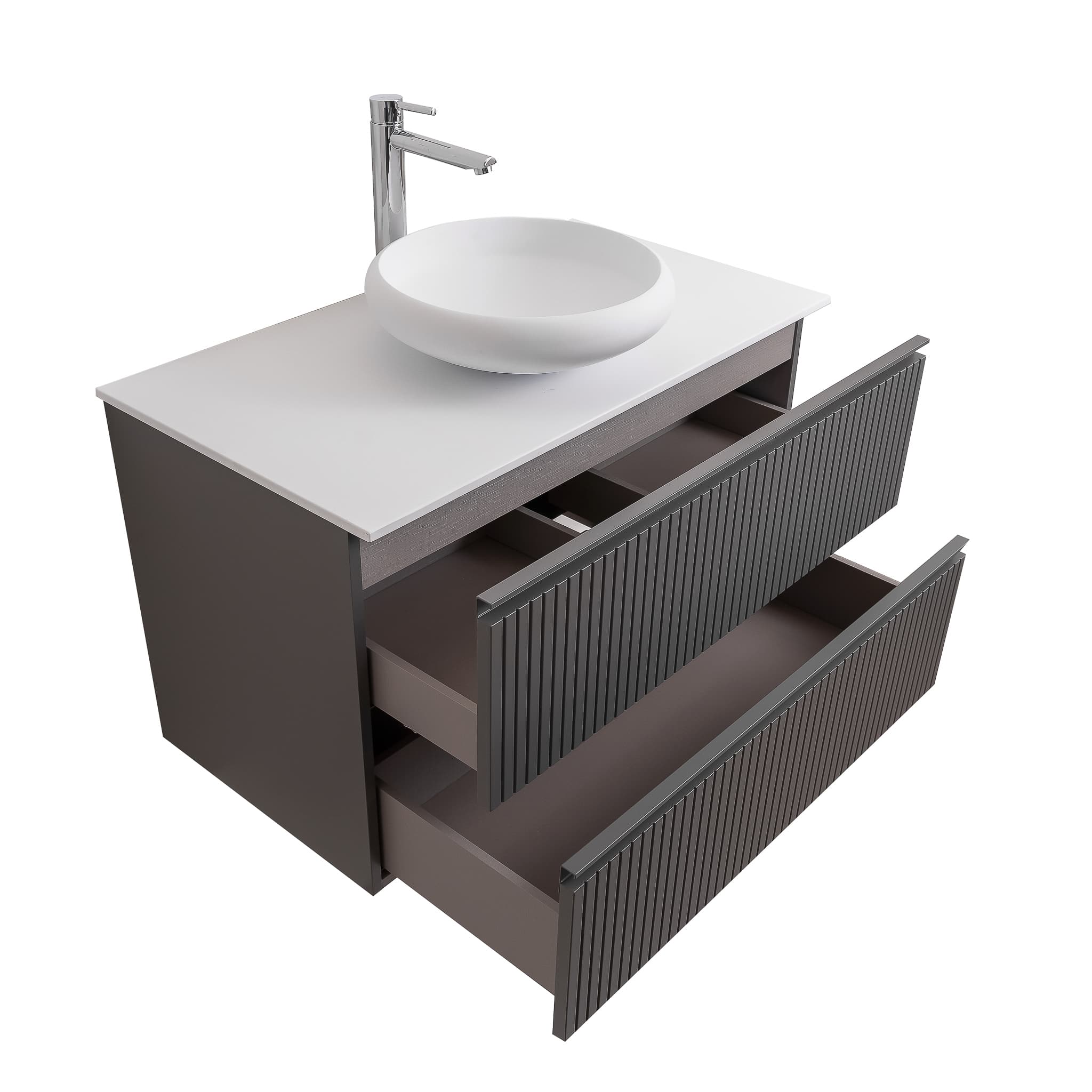 Ares 35.5 Matte Grey Cabinet, Solid Surface Flat White Counter And Round Solid Surface White Basin 1153, Wall Mounted Modern Vanity Set